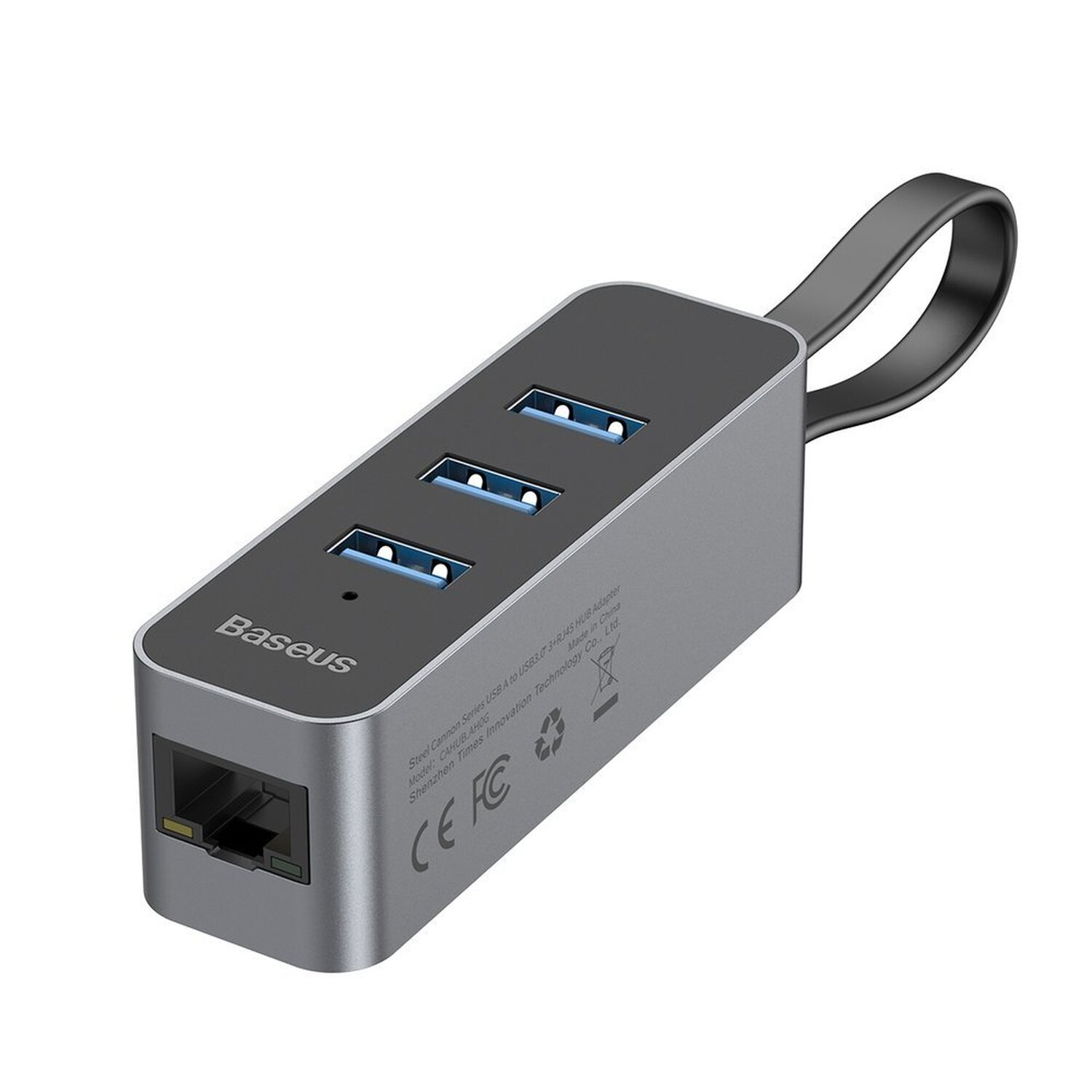 Silberner USB-Hub mit 3 USB-Anschlüssen und einem Ethernet-Anschluss. Schwarzes Basislogo.