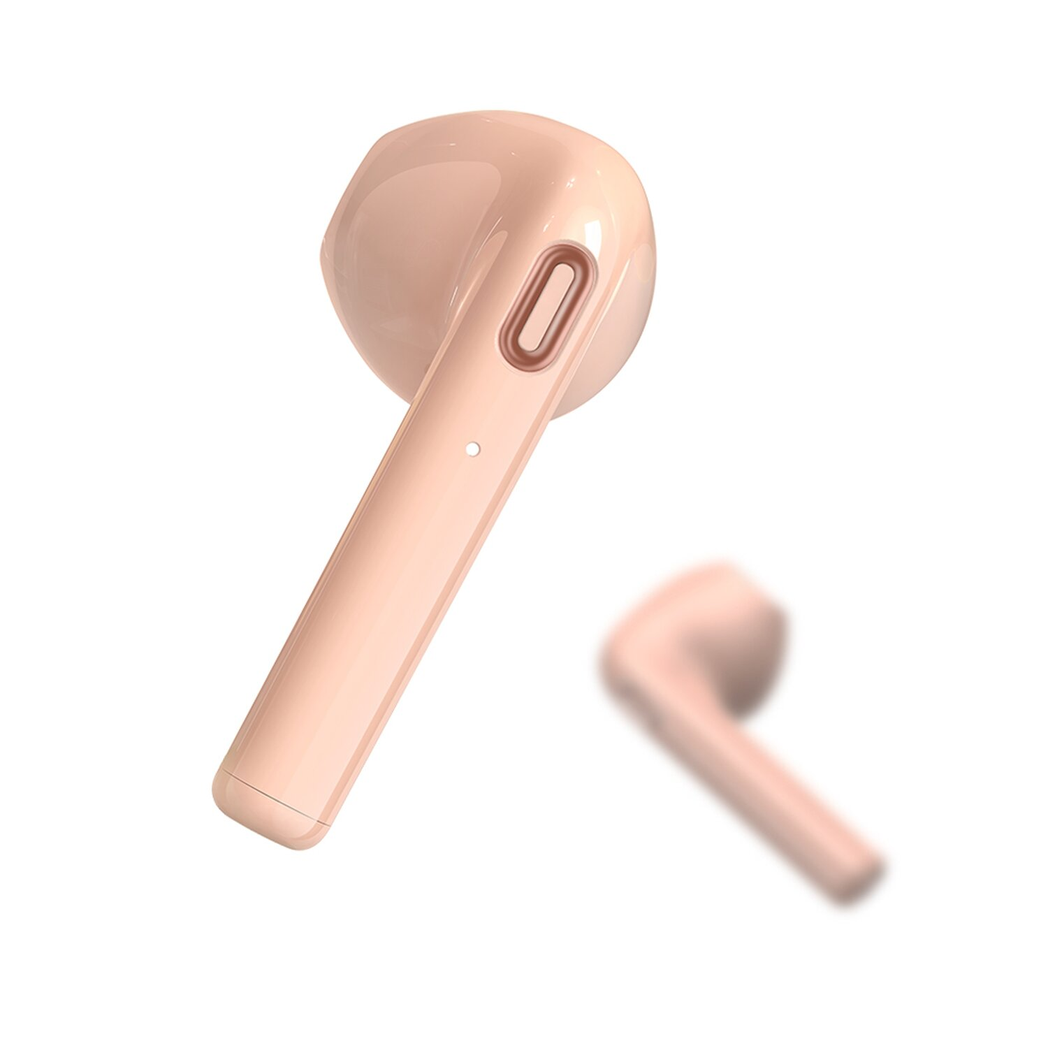 Zwei kabellose Ohrhörer. Einer ist fokussiert, der andere unscharf. Sie sind rosa und haben ein schlankes Design.