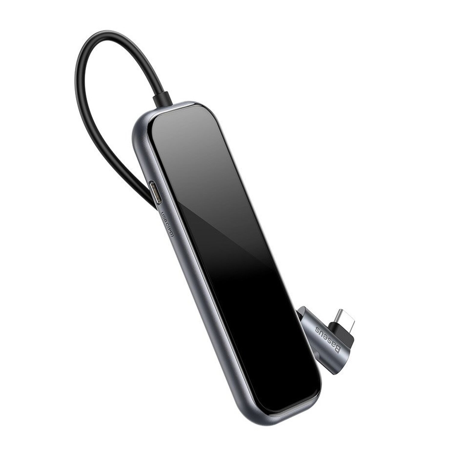 Silberner und schwarzer Baseus USB-C-Hub mit Kabel und Stecker. Weißer Hintergrund.