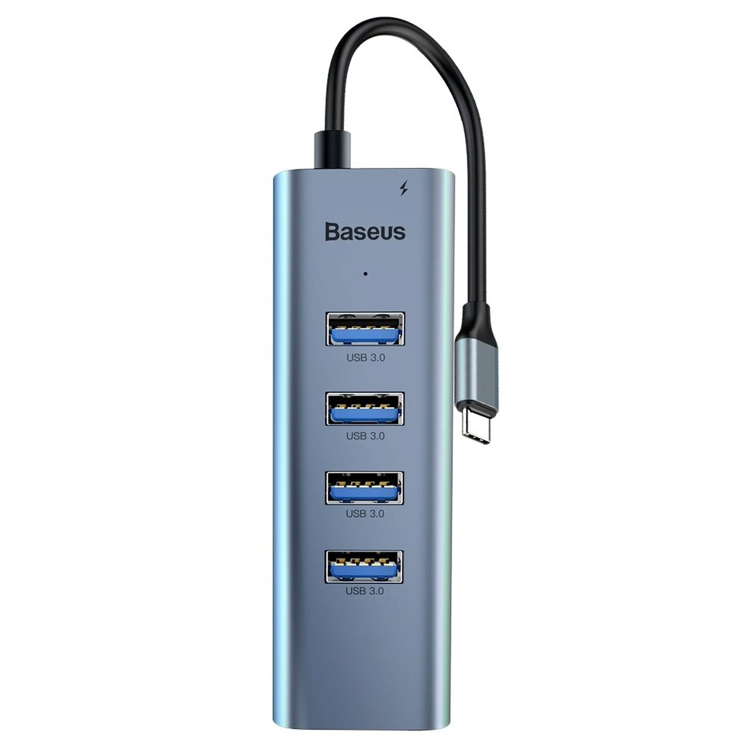 Blauer USB-Hub mit 4 USB 3.0-Anschlüssen, Ladeanschluss und schwarzem Kabel mit USB-C-Stecker.