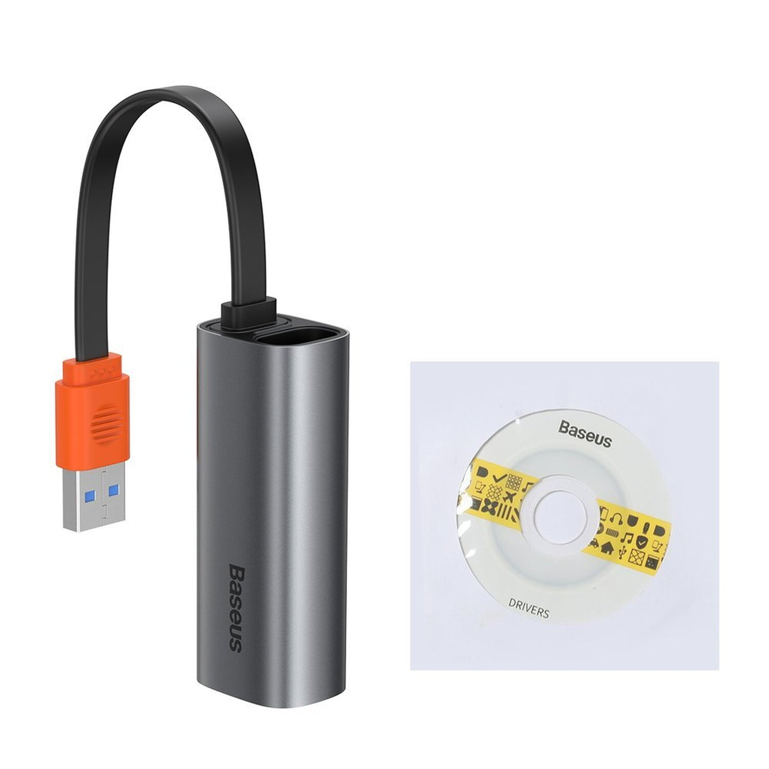 Ein silberner USB-Adapter mit einem USB-Anschluss und einer daneben liegenden Treiberdiskette.