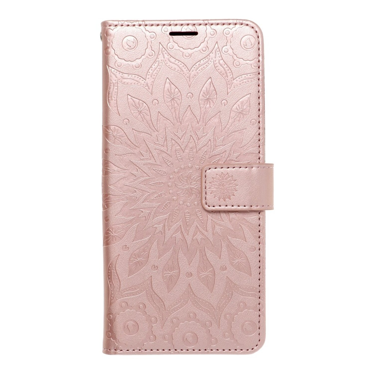 Eine rosa Handyhülle mit Mandalamuster. Sie hat einen Magnetverschluss.