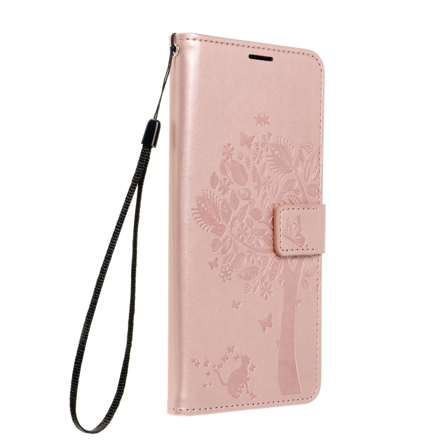 Custodia per telefono rosa con un design ad albero e farfalle. Sfondo bianco.
