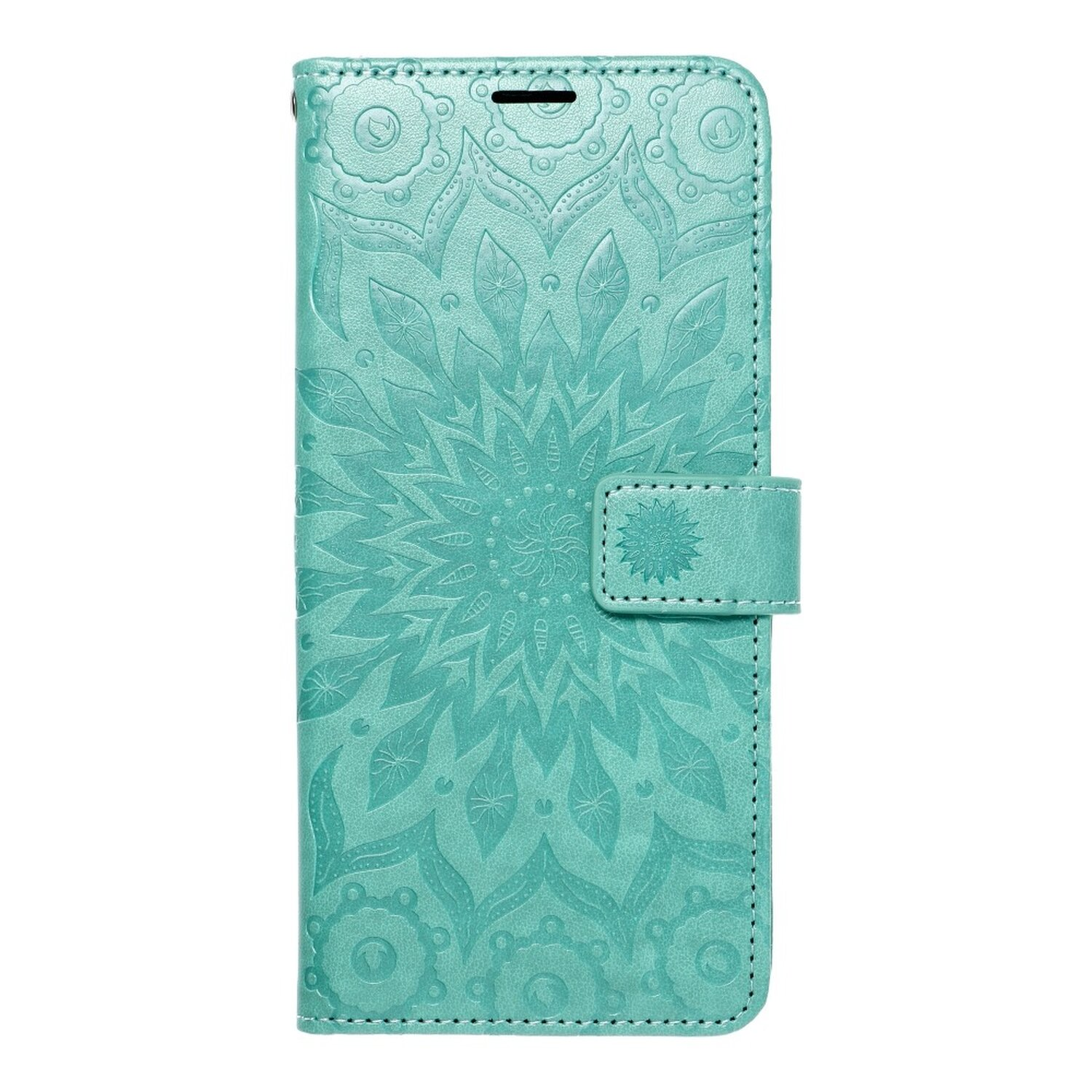 Türkisfarbene Handyhülle mit Mandala-Design. Telefon innen, Nahaufnahme. Türkisfarbener Hintergrund.