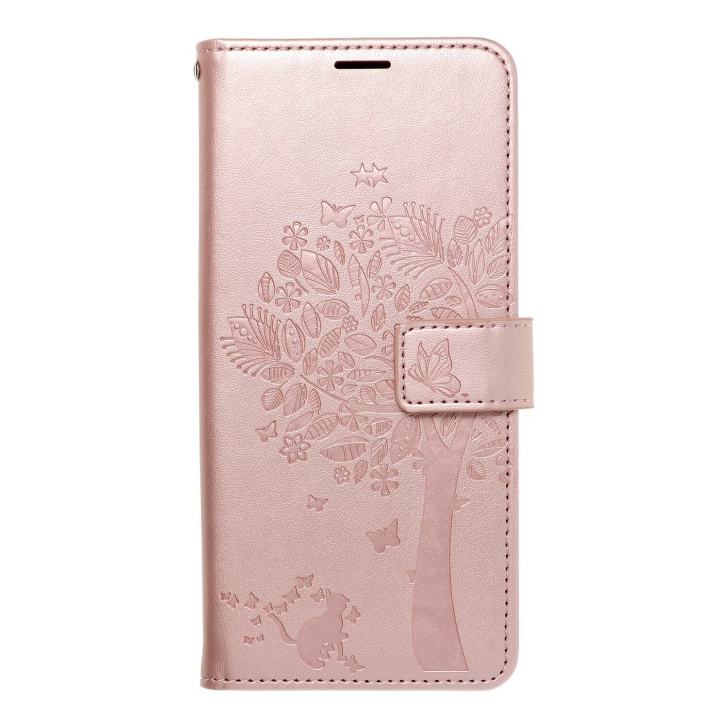Eine rosa Handyhülle mit Baumdesign. Die Handyhülle ist geschlossen und das Design zeigt Schmetterlinge und Blätter.