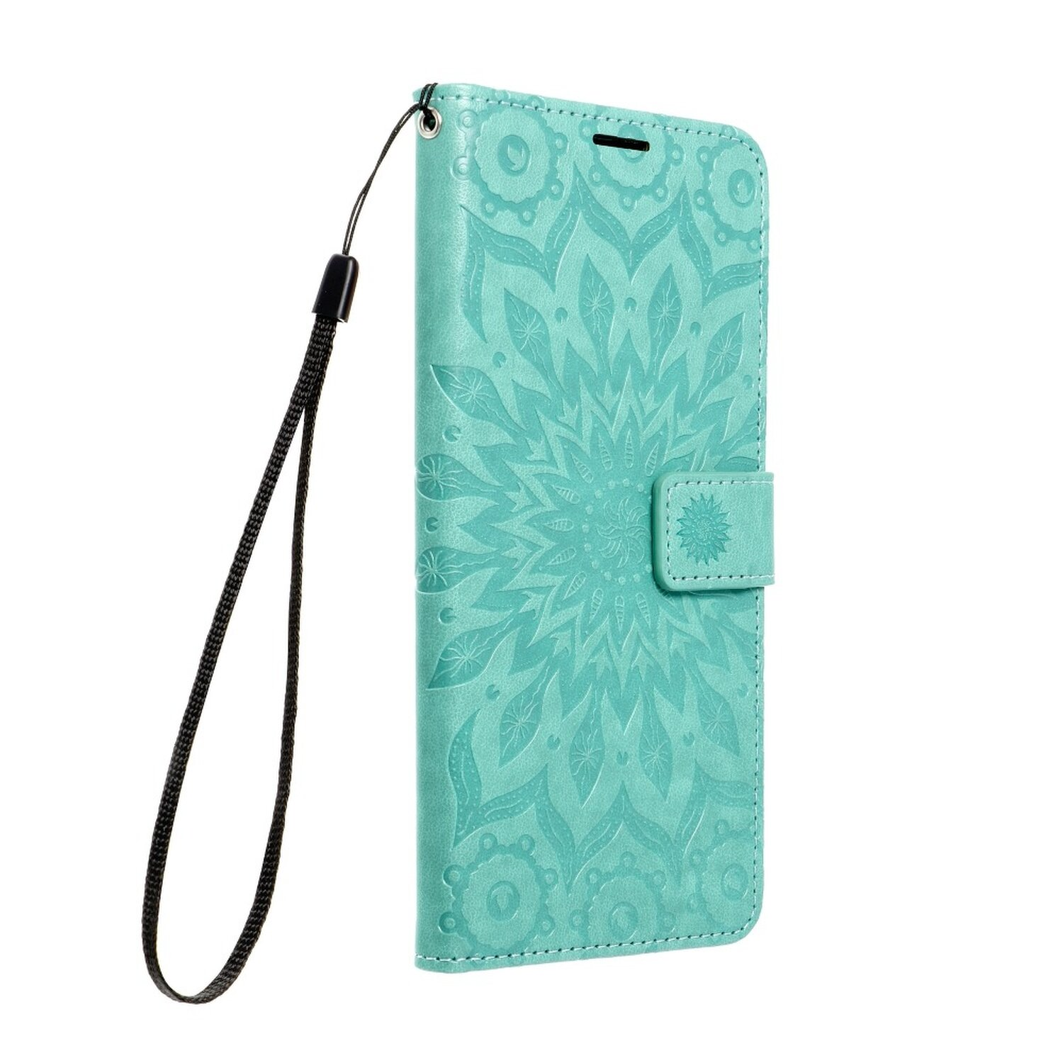 Custodia per telefono turchese con design mandala, cinturino nero, chiusura a bottone, sfondo bianco.