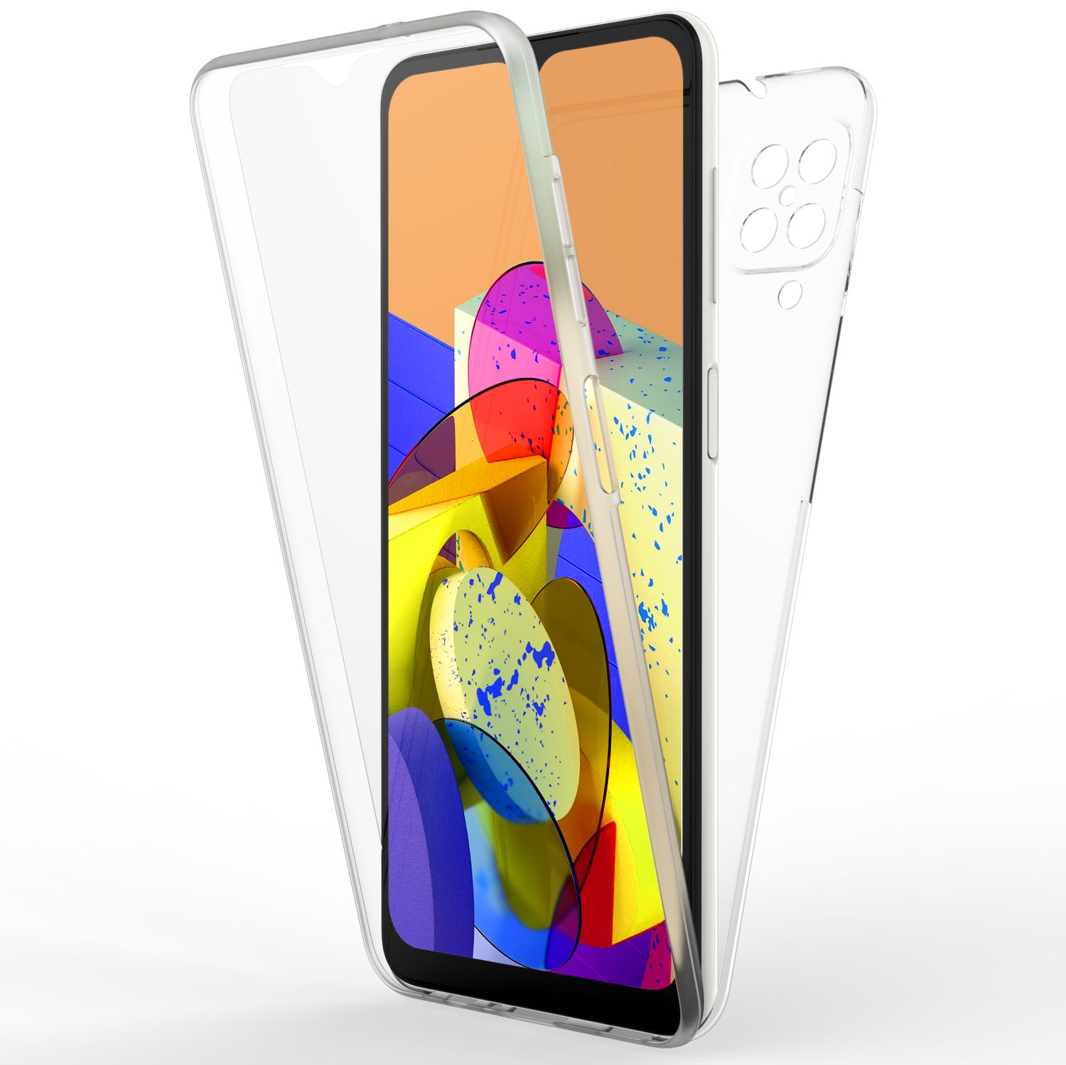 Transparente Handyhülle mit einem Telefon darin. Das Telefon hat einen farbenfrohen Bildschirm.