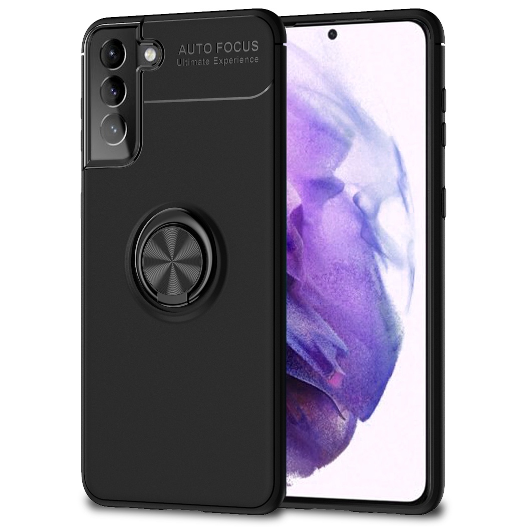 Schwarze Handyhülle auf einem schwarzen Telefon. Die Hülle hat einen Ringhalter und die Aufschrift "AUTO FOCUS Ultimate Experience".