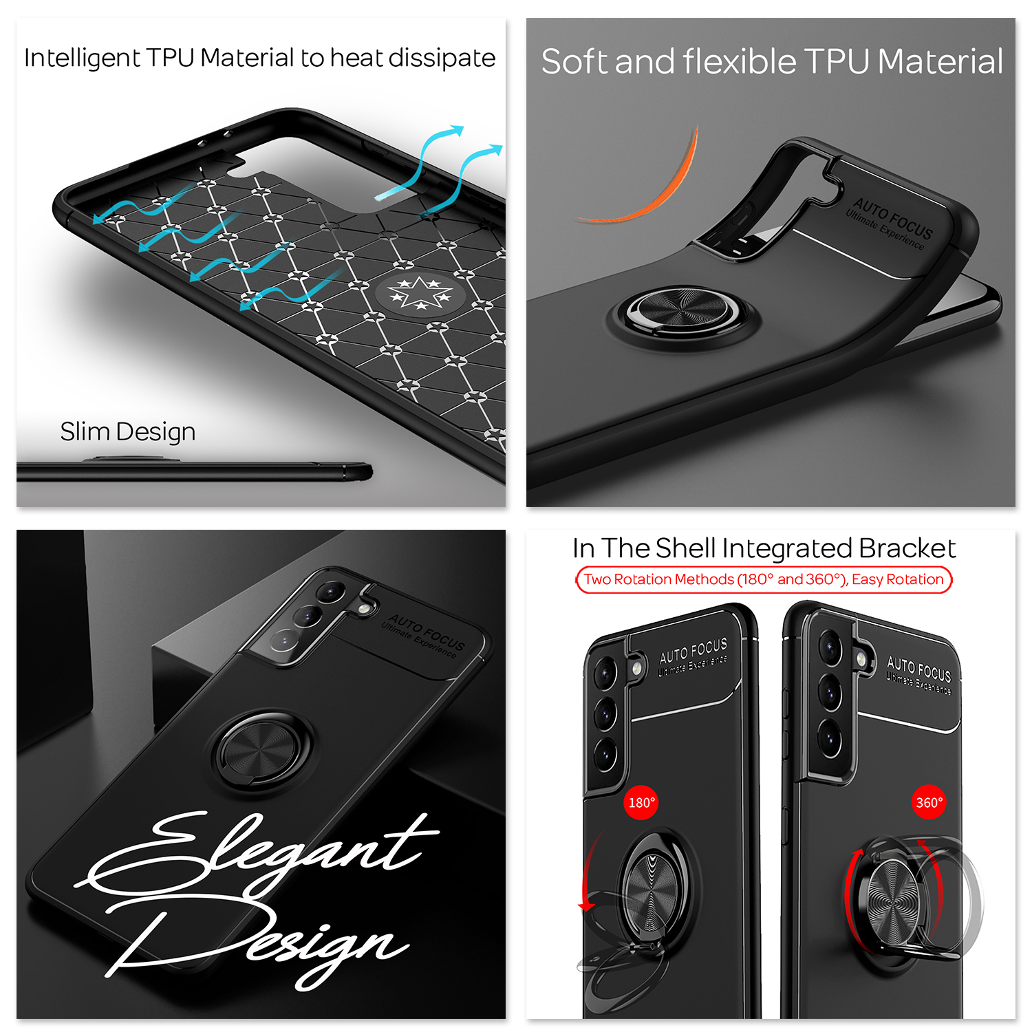 Schwarze Handyhülle mit Ringhalter. Merkmale sind schlankes Design und Wärmeableitung für das Telefon.