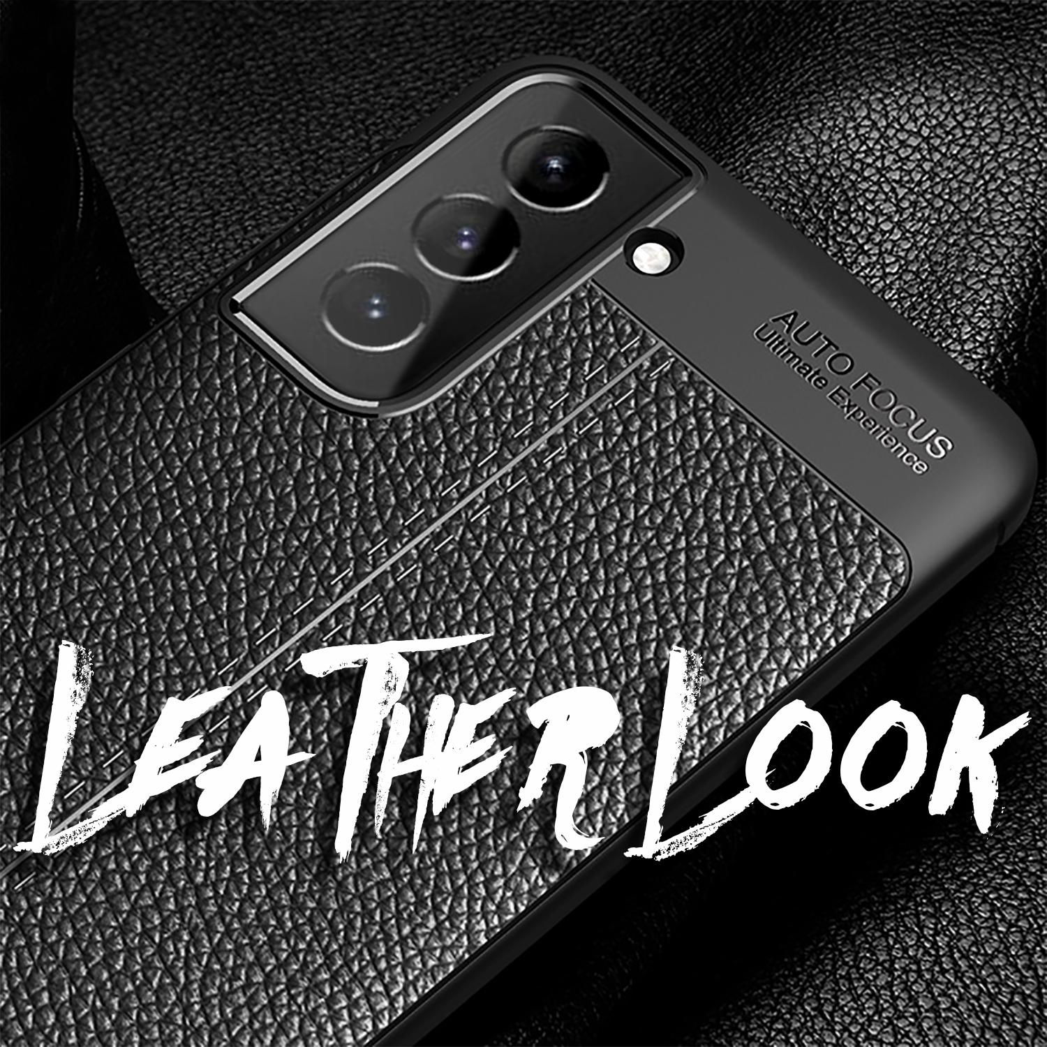 Schwarze Handyhülle in Lederoptik mit Kameraausbuchtung. Die Worte 'LEATHER LOOK' stehen auf der Hülle.