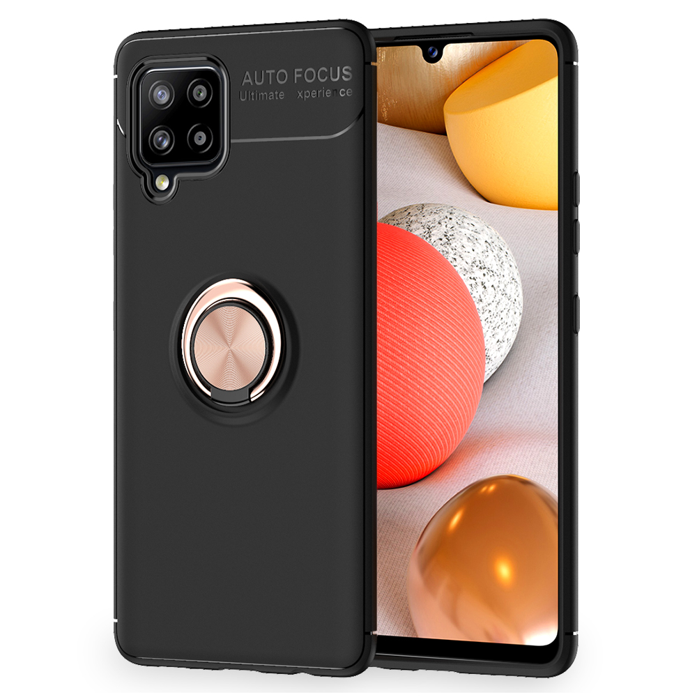Schwarze Handyhülle mit Ringhalter. Ein Telefon mit Bildschirm ist sichtbar.