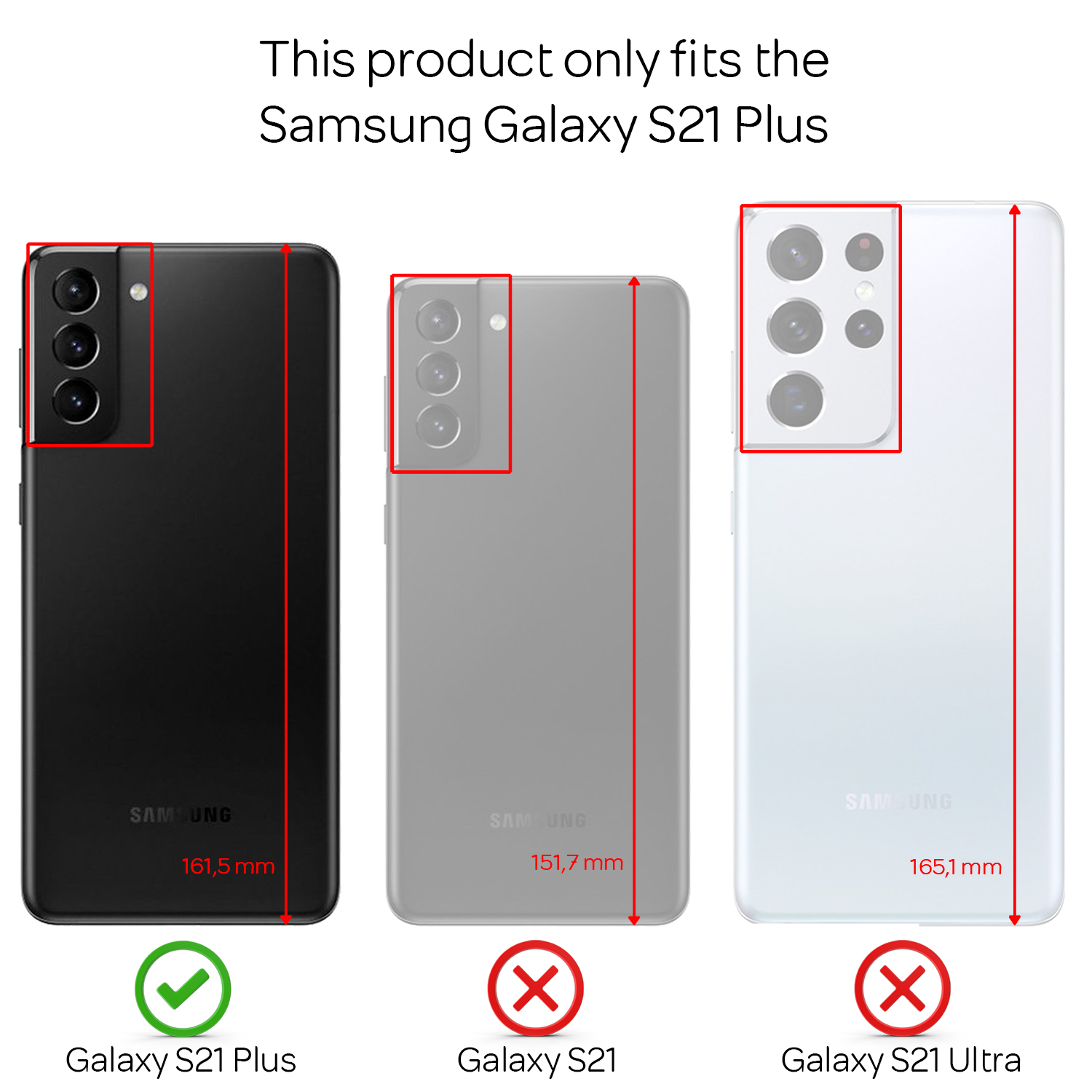 Drei Samsung Galaxy-Telefone mit Abmessungen. S21 Plus korrekt, S21 und S21 Ultra falsch.