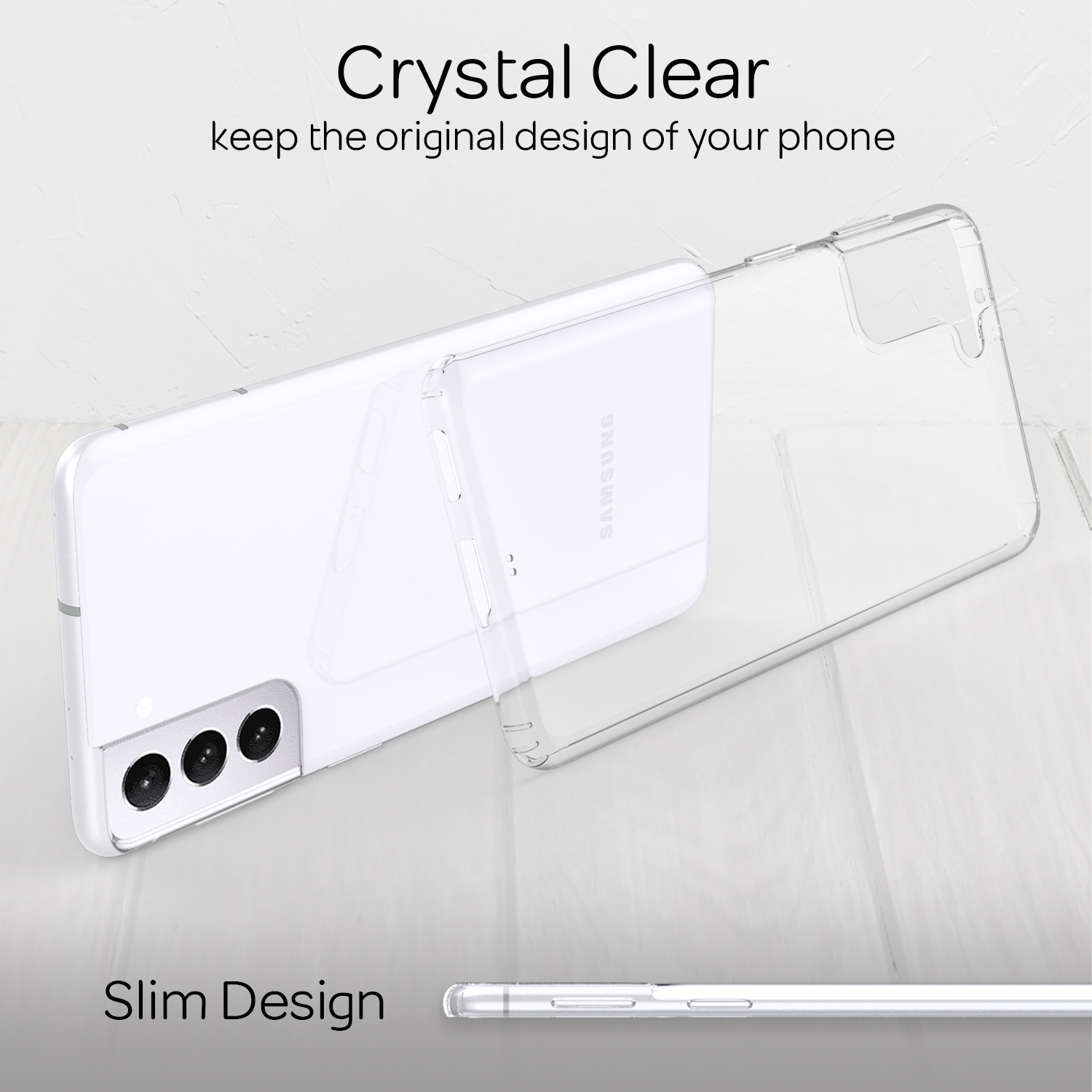 Transparente Handyhülle auf weißem Telefon. Text: Crystal Clear. Seitenansicht zeigt schlankes Design. Weißer Hintergrund.