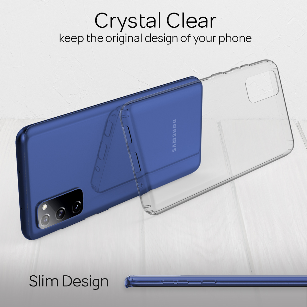 Transparente Handyhülle mit blauem Telefon. Das Case befindet sich auf einer weißen Oberfläche.