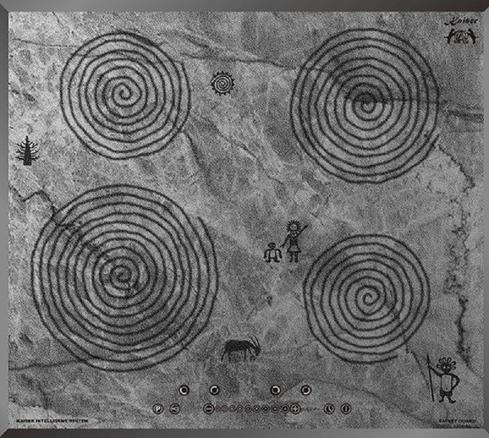 Graue Oberfläche mit Spiral- und Strichmännchenzeichnungen. Einige Symbole erscheinen. Text: Kaiser Intelligent System.