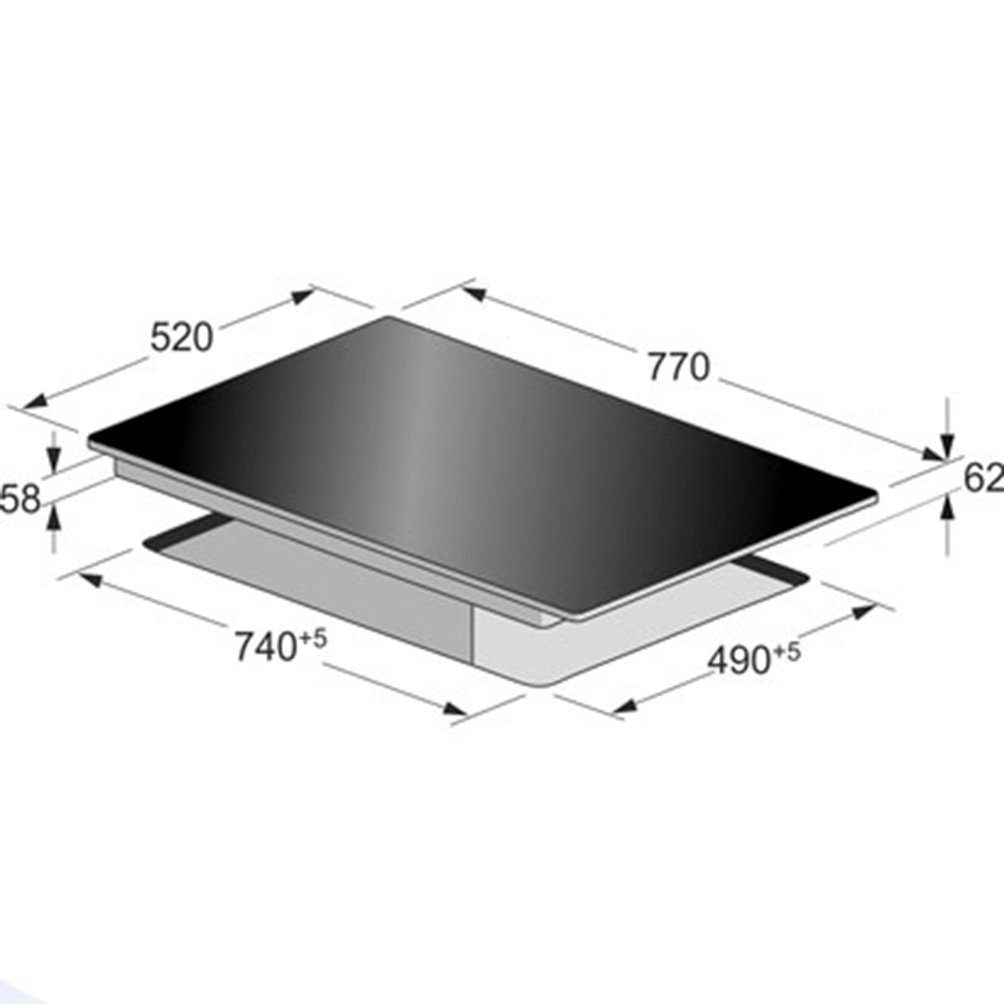 Diagramm eines schwarzen Kochfelds mit Maßangaben. Die Oberseite ist 770 mm lang und 520 mm breit. Darunter befindet sich eine Basis.