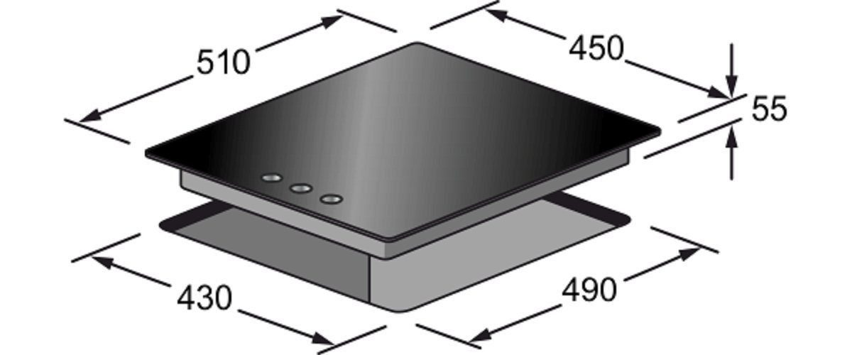 Schwarzes Kochfeld mit den Maßen: 510x450x55mm. Das Kochfeld hat 3 Kreise und steht auf einem grauen Sockel mit den Maßen 430x490mm.