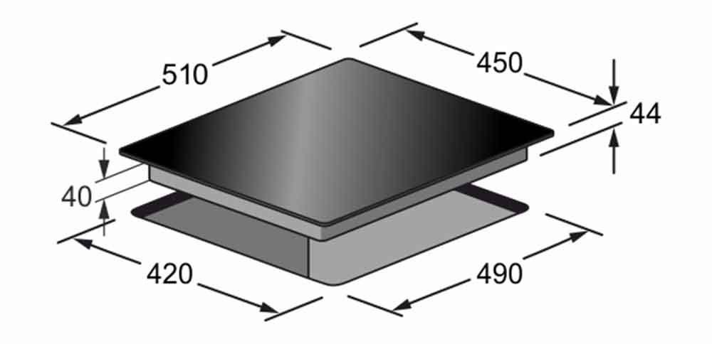 Diagramm eines schwarzen Kochfelds mit Maßangaben in Millimetern: 510x450x44mm. Eine untere, graue Basis ist ebenfalls angegeben.