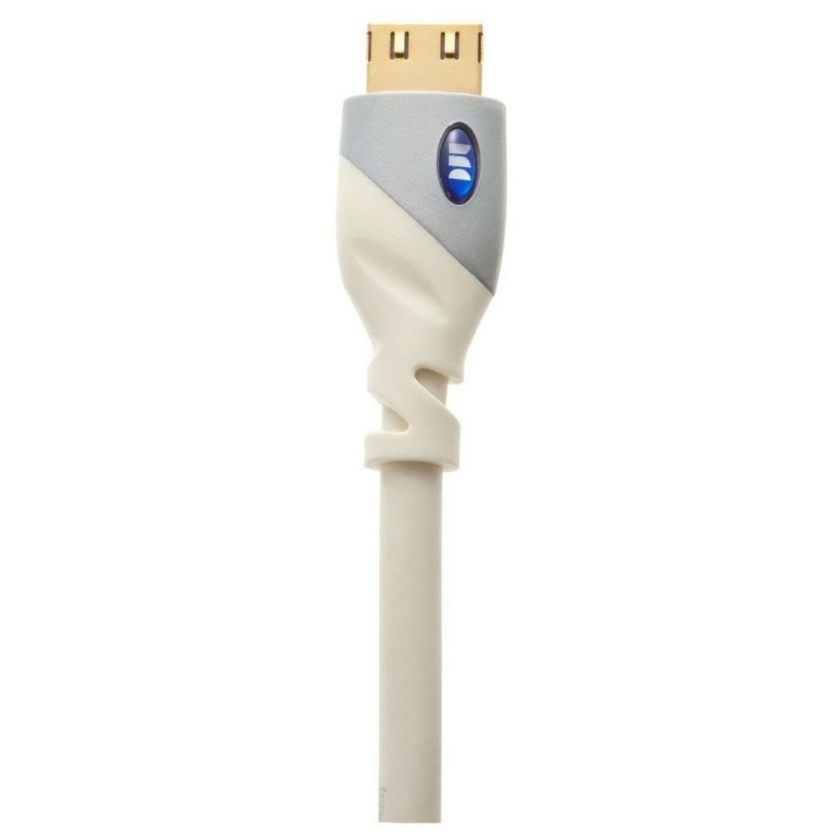 Nahaufnahme eines HDMI-Kabels mit grauen und weißen Akzenten und blauem Logo.
