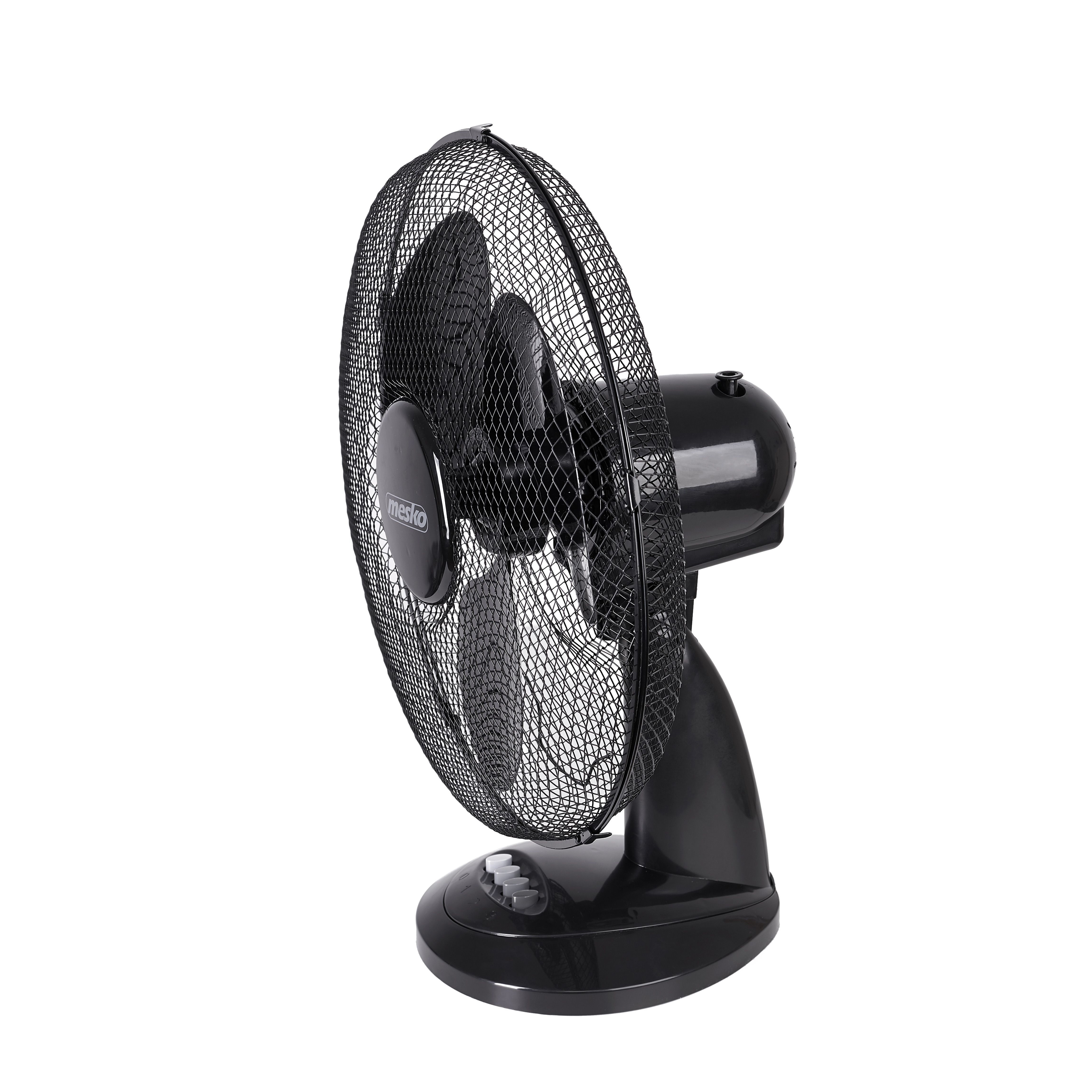 Black fan with protective grill. White background.
