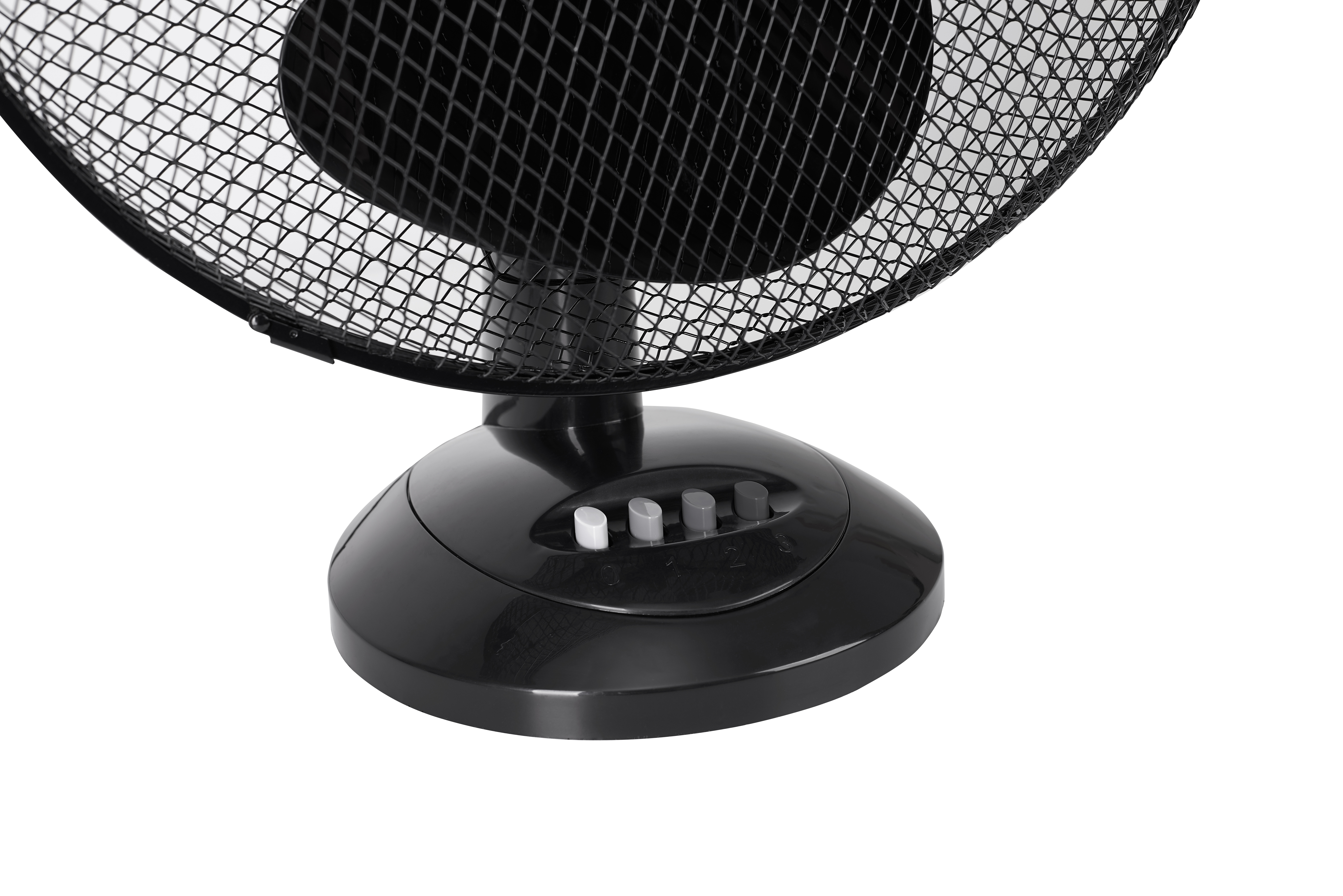 Black fan with mesh cover. The fan has buttons on the base and is on a white background.