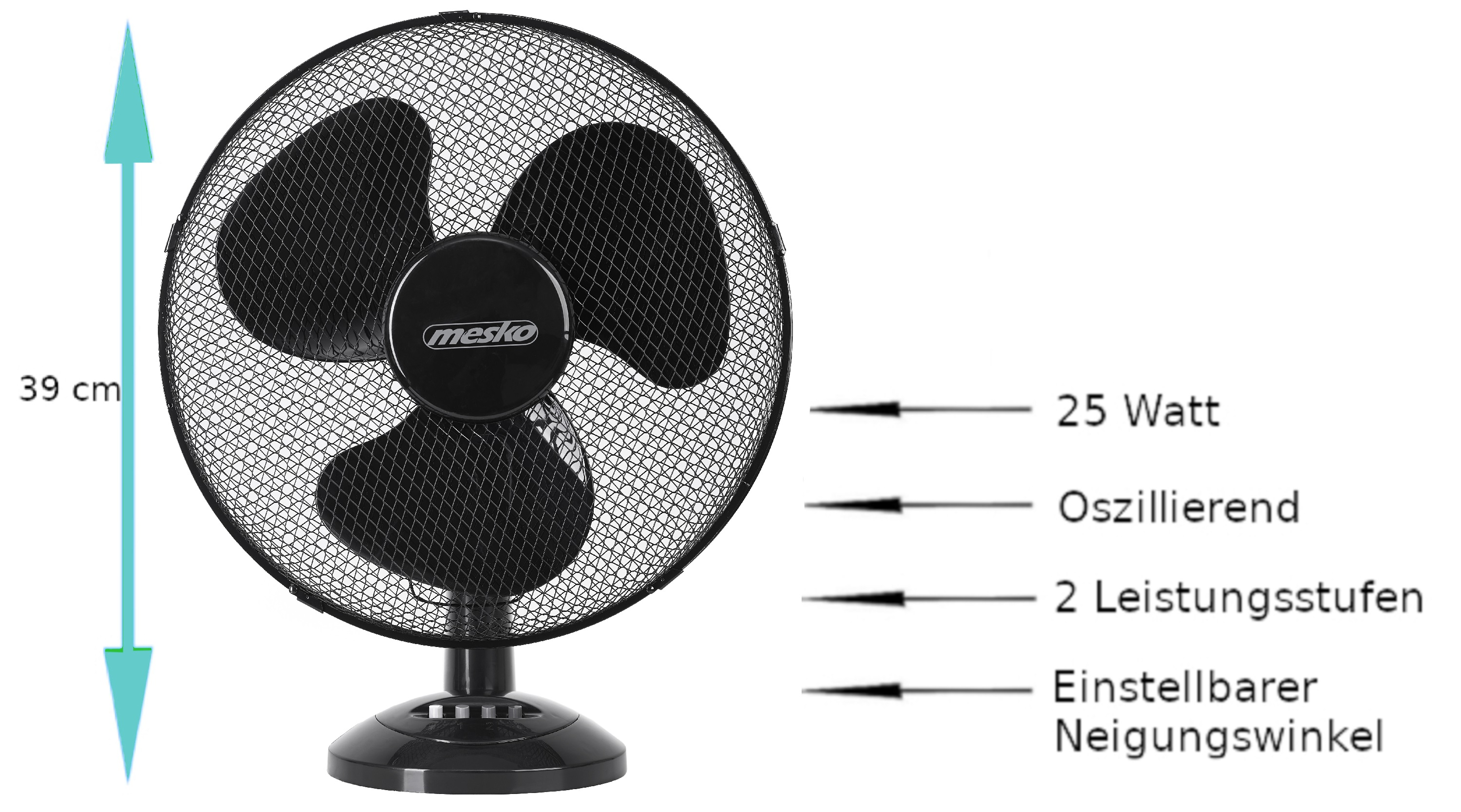 A black electric fan with three blades. Arrows indicate the height of 39 cm and info text.