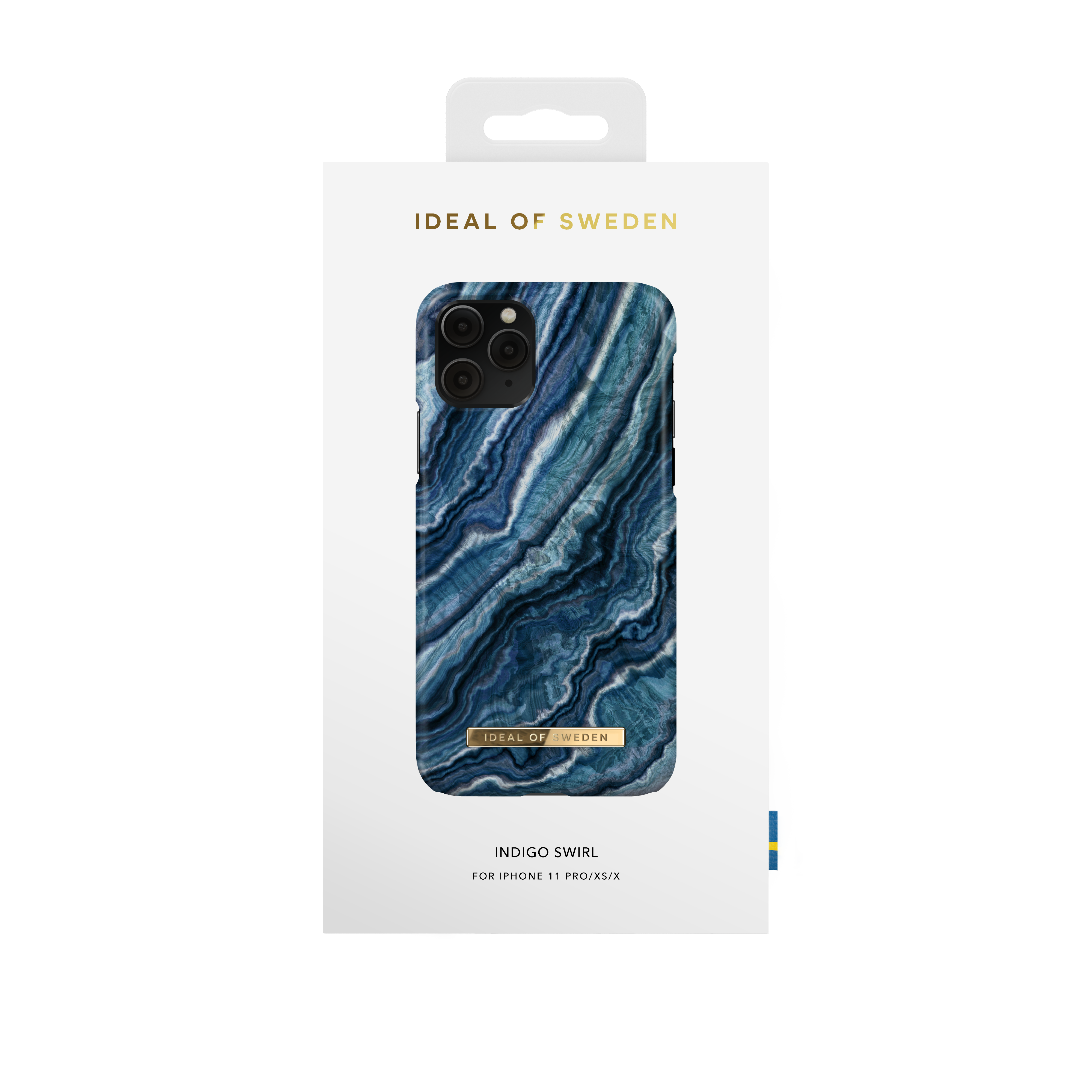 Una custodia per telefono nella confezione. La custodia ha un design a effetto marmo blu.