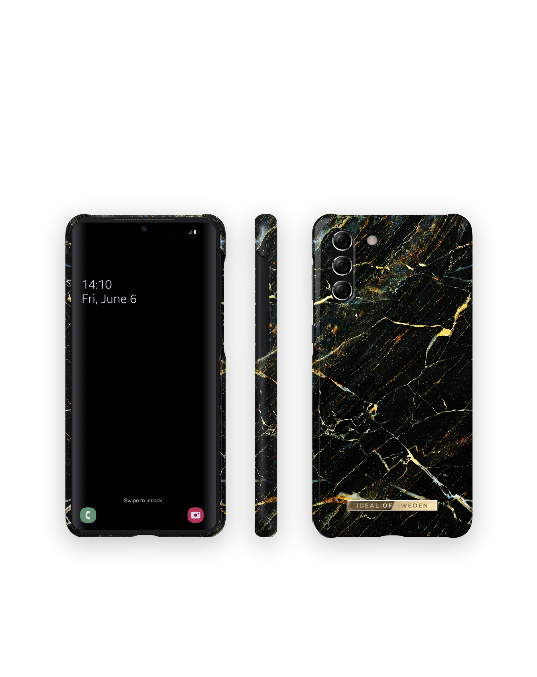 Smartphone con custodia nera a motivo marmorizzato, tre viste del telefono.