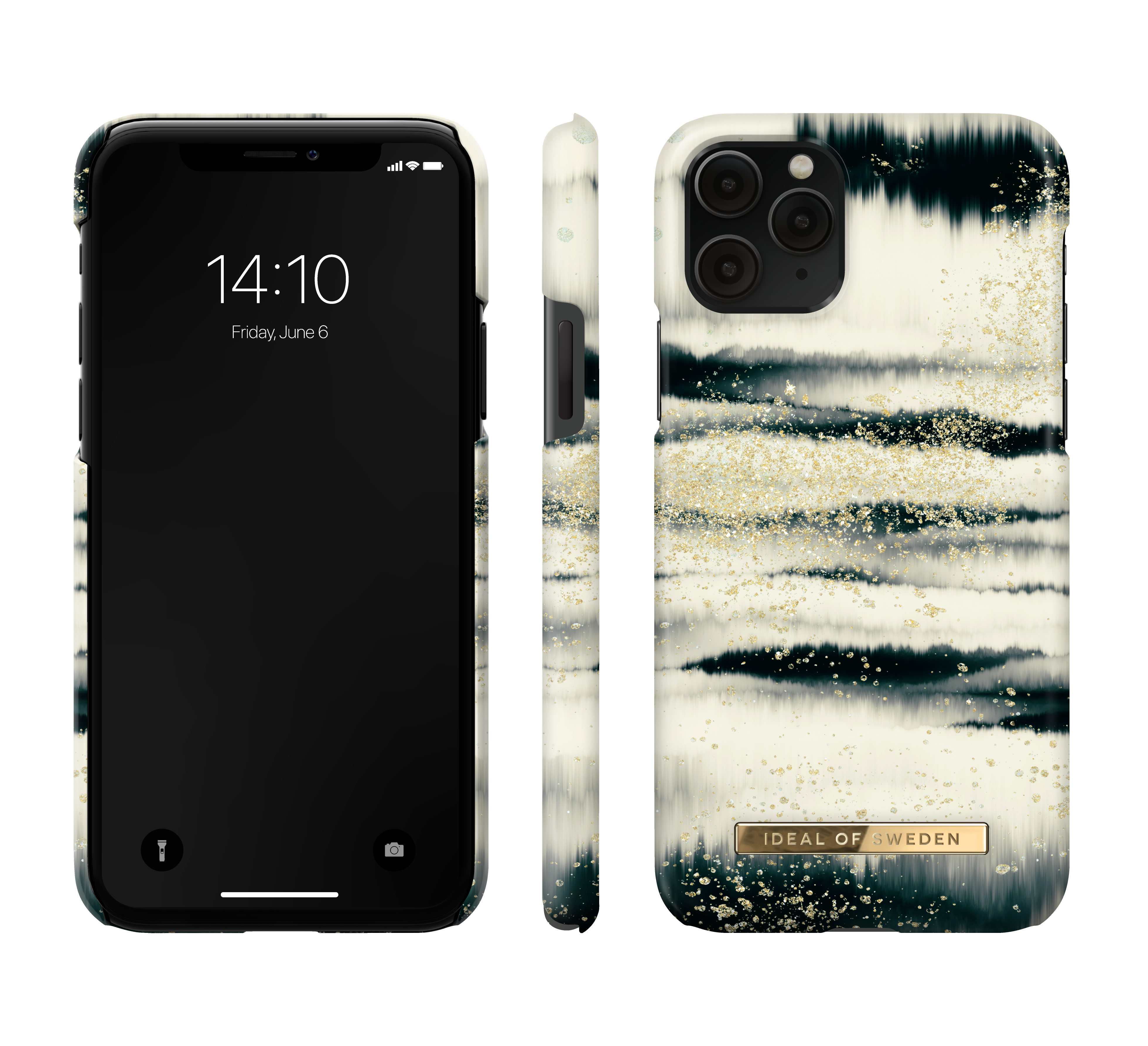 Ein Telefon mit schwarzem Bildschirm und Hülle. Die Hülle hat ein weißes und schwarzes Design.