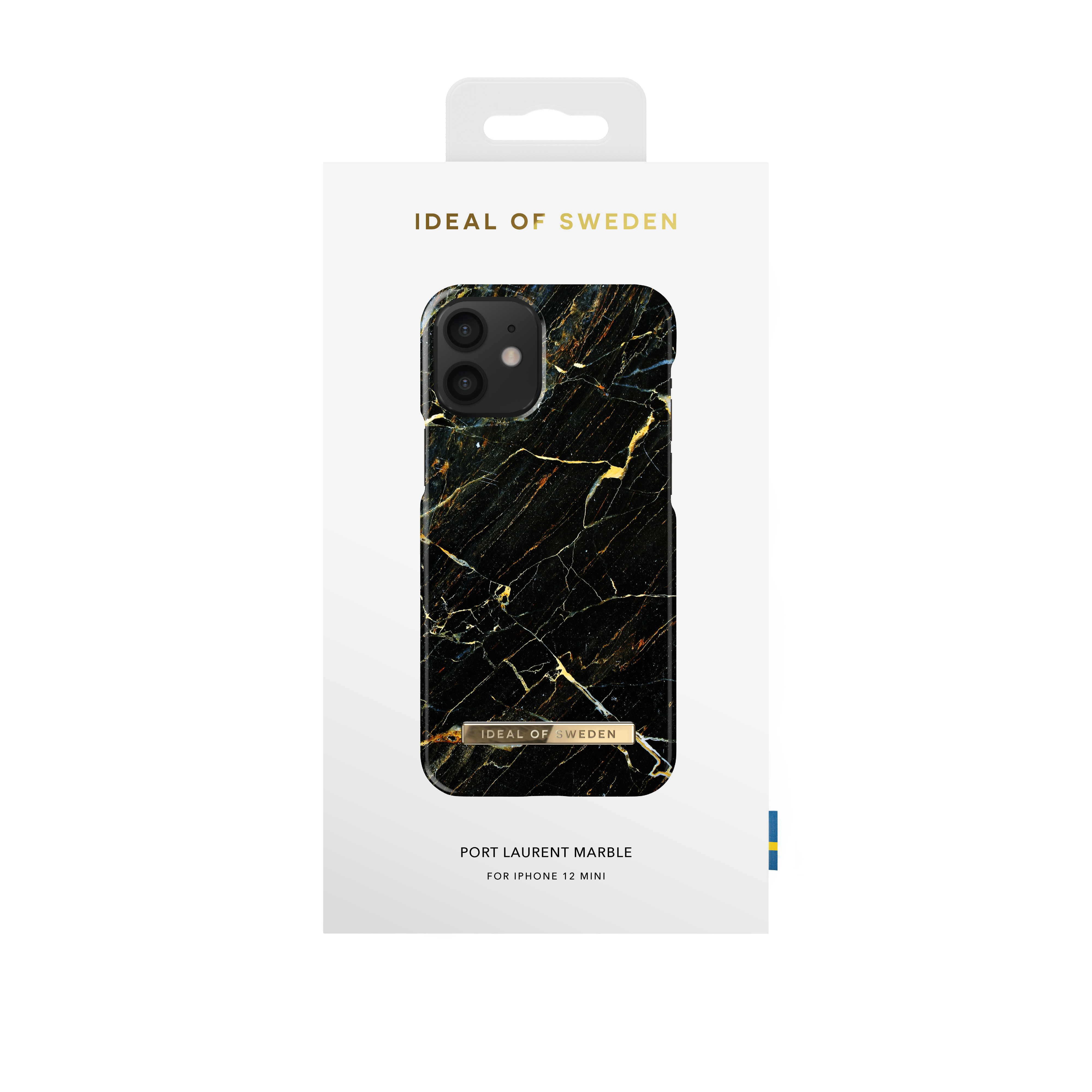 Custodia per iPhone 12 Mini in una scatola. Design in marmo nero con il logo Ideal of Sweden.