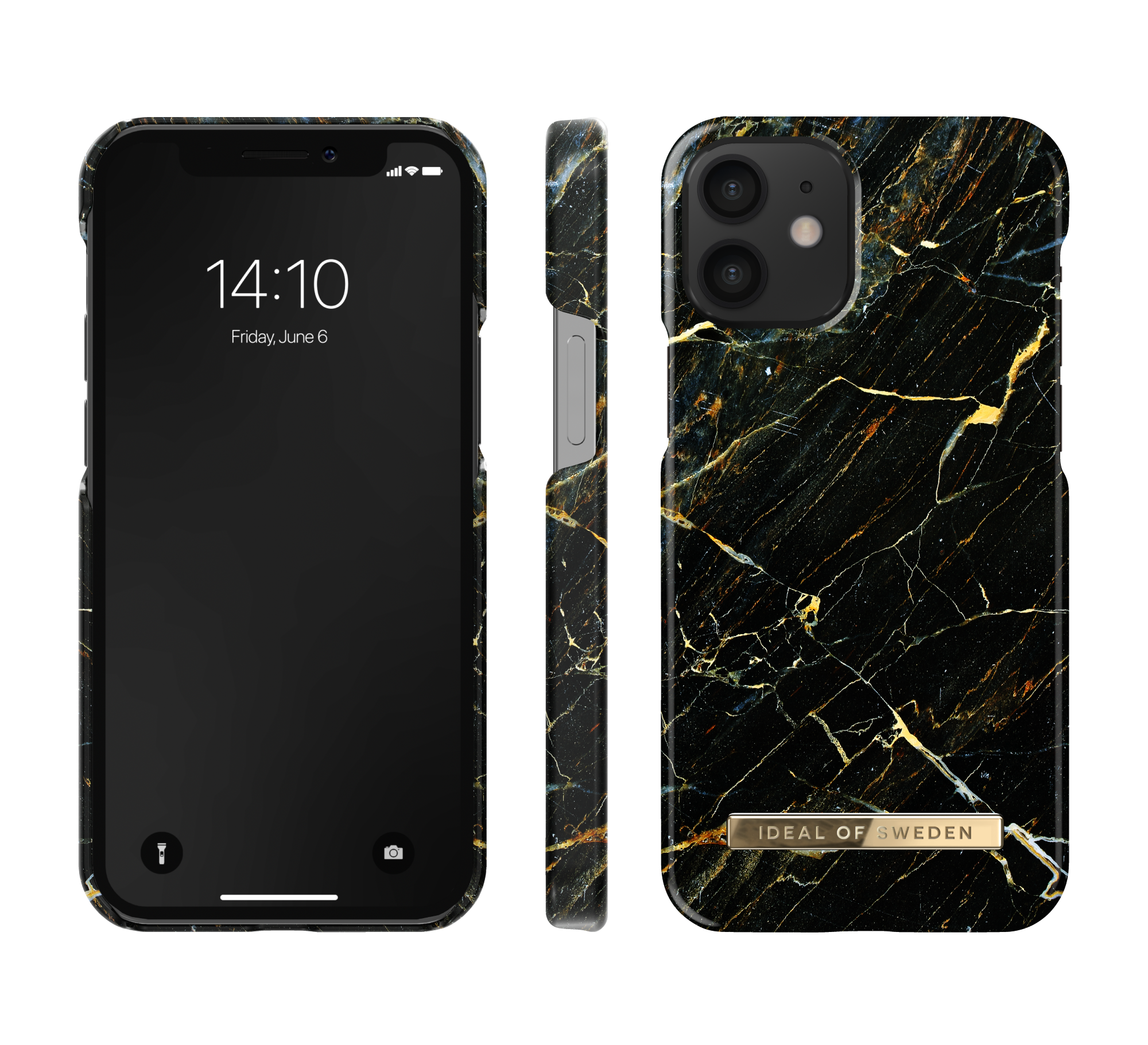 Custodia per telefono, design in marmo nero con venature dorate, logo 'IDEAL OF SWEDEN'.