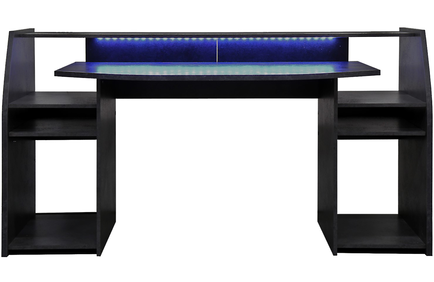 Ein schwarzer Computertisch mit zwei Regalen auf jeder Seite und blauem Licht.