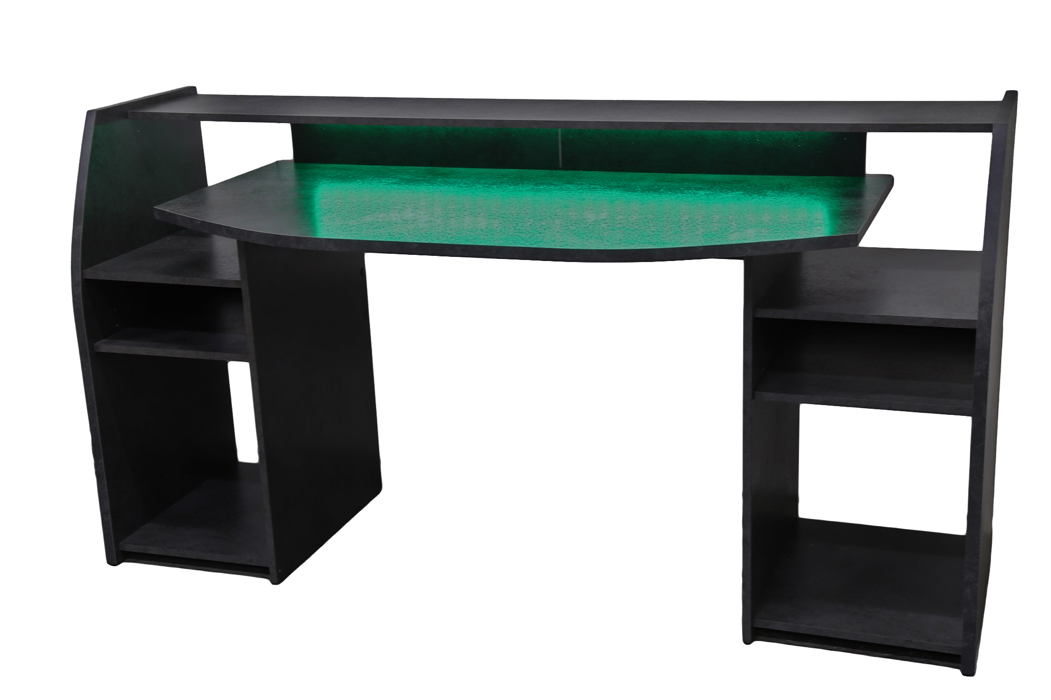 Schwarzer Gaming-Schreibtisch. Hat Regale an der Seite und oben. Grüne LED-Leuchten sind auf dem Schreibtisch sichtbar.