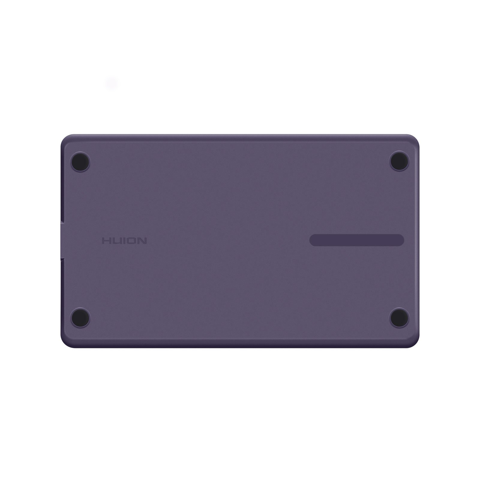 Lila Tablet, Unteransicht, mit vier schwarzen, kreisförmigen Füßen. Wort 'HUION'.