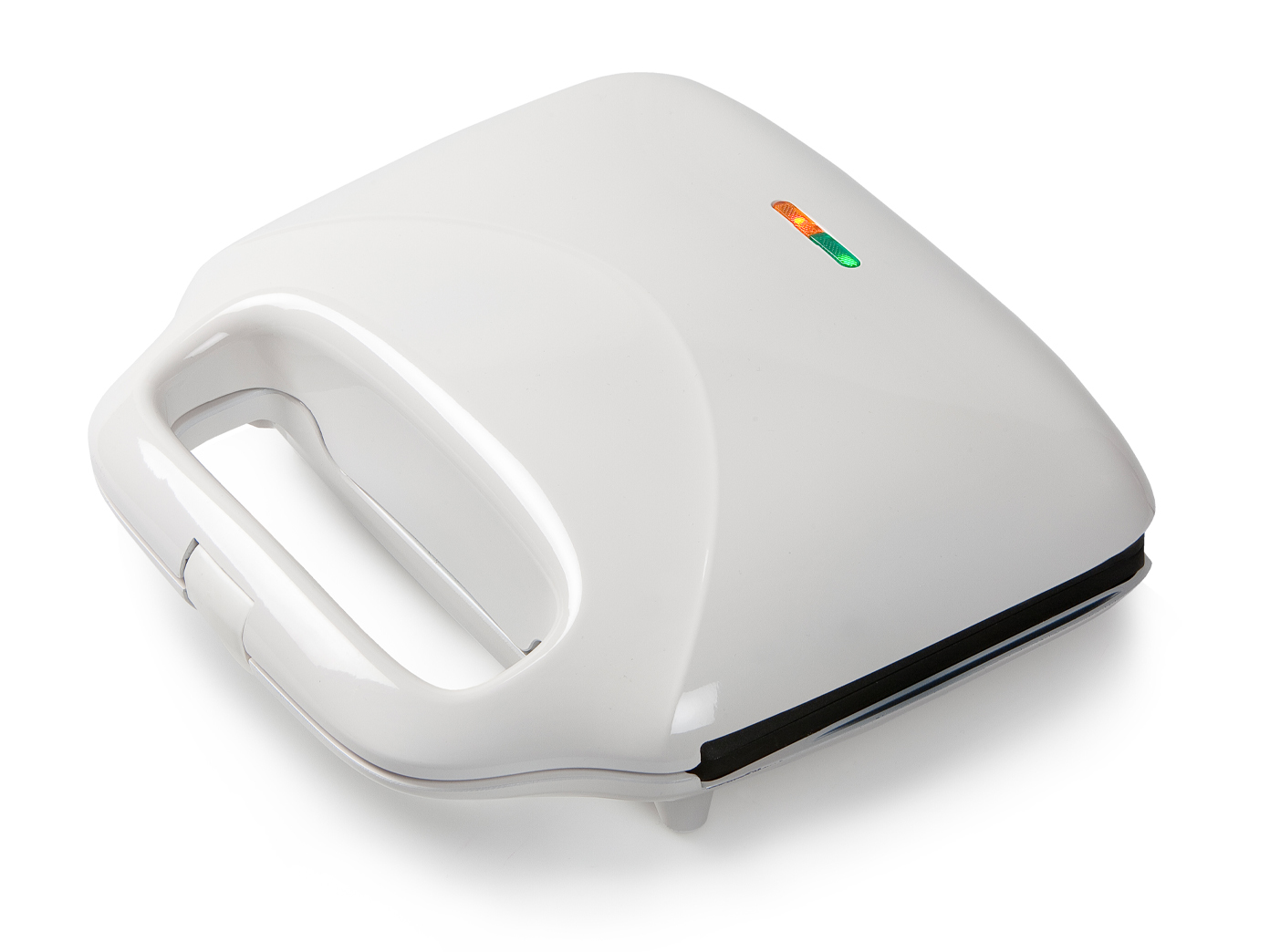 Tostapane bianco chiuso con manico e spie luminose.