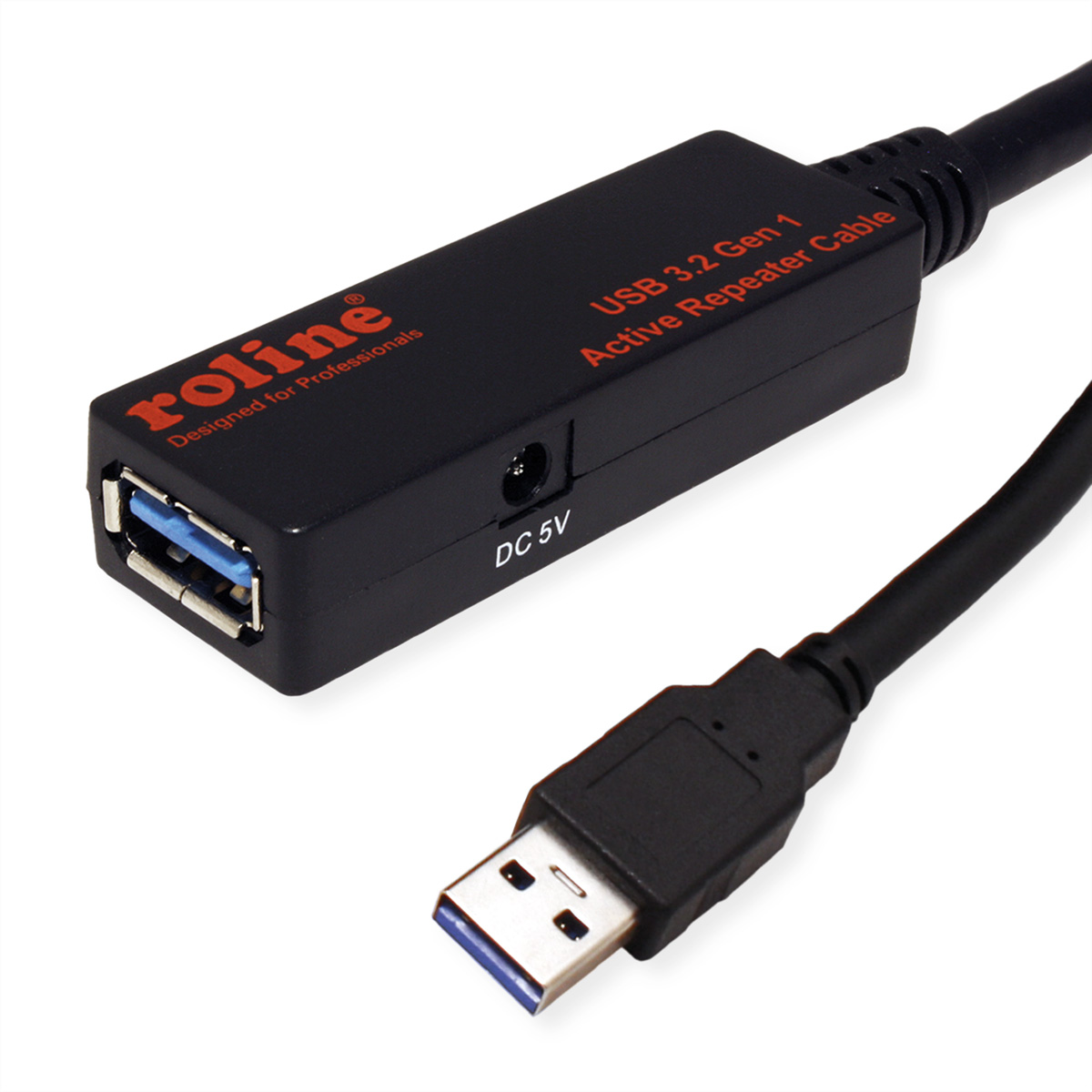 Câble USB 3.2 Gen 1 noir avec connecteur USB-A et USB-B, avec un répéteur noir au milieu.