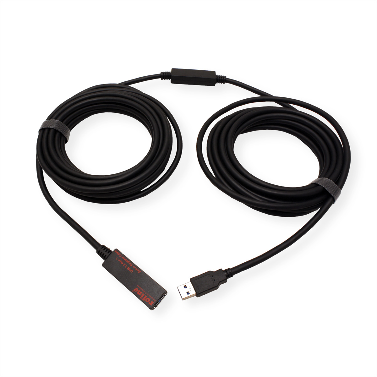 Cavo di prolunga USB nero, arrotolato. Un'estremità è USB, l'altra è un convertitore da USB a USB-C.