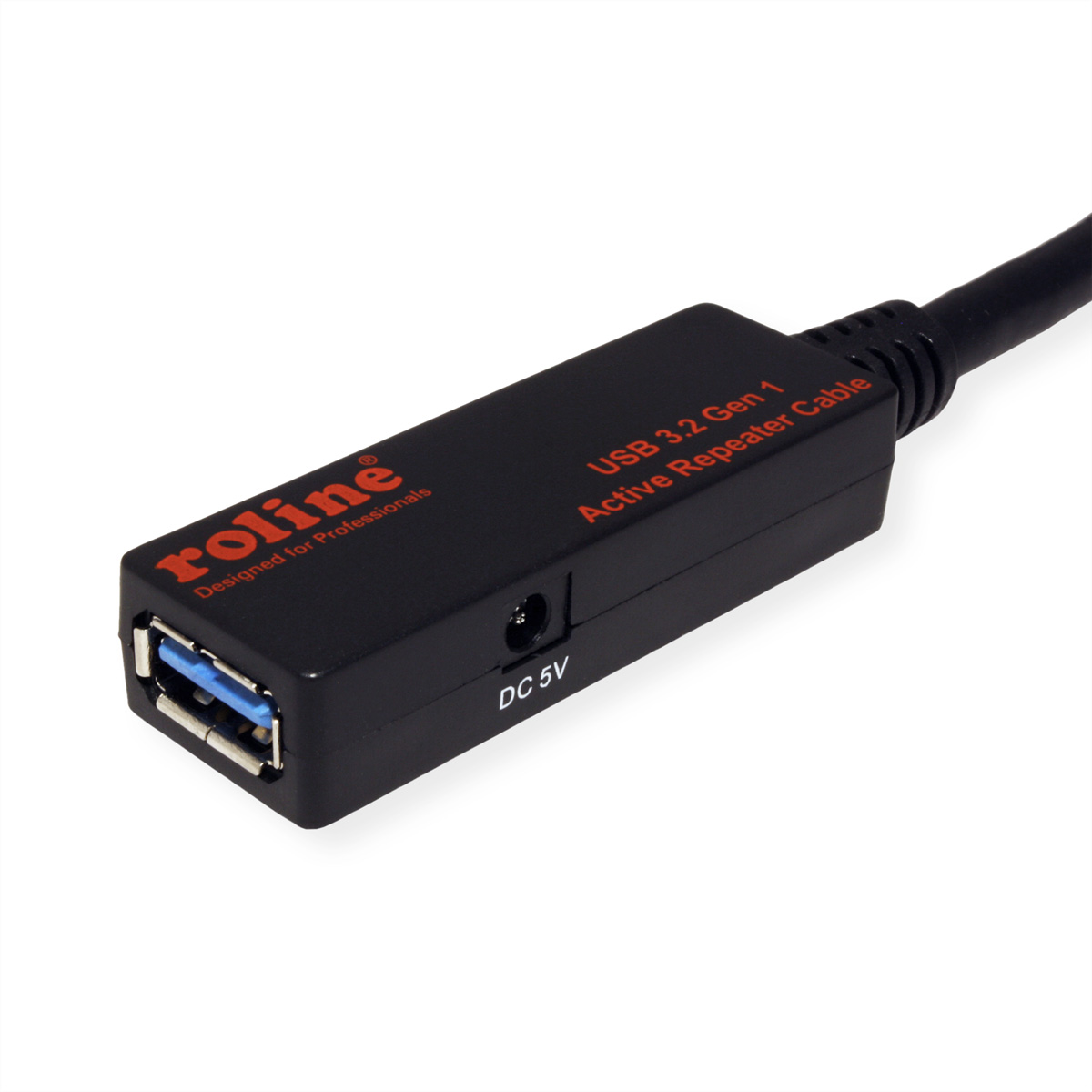 Câble répéteur USB noir avec connecteur USB-A et corps noir, texte rouge.