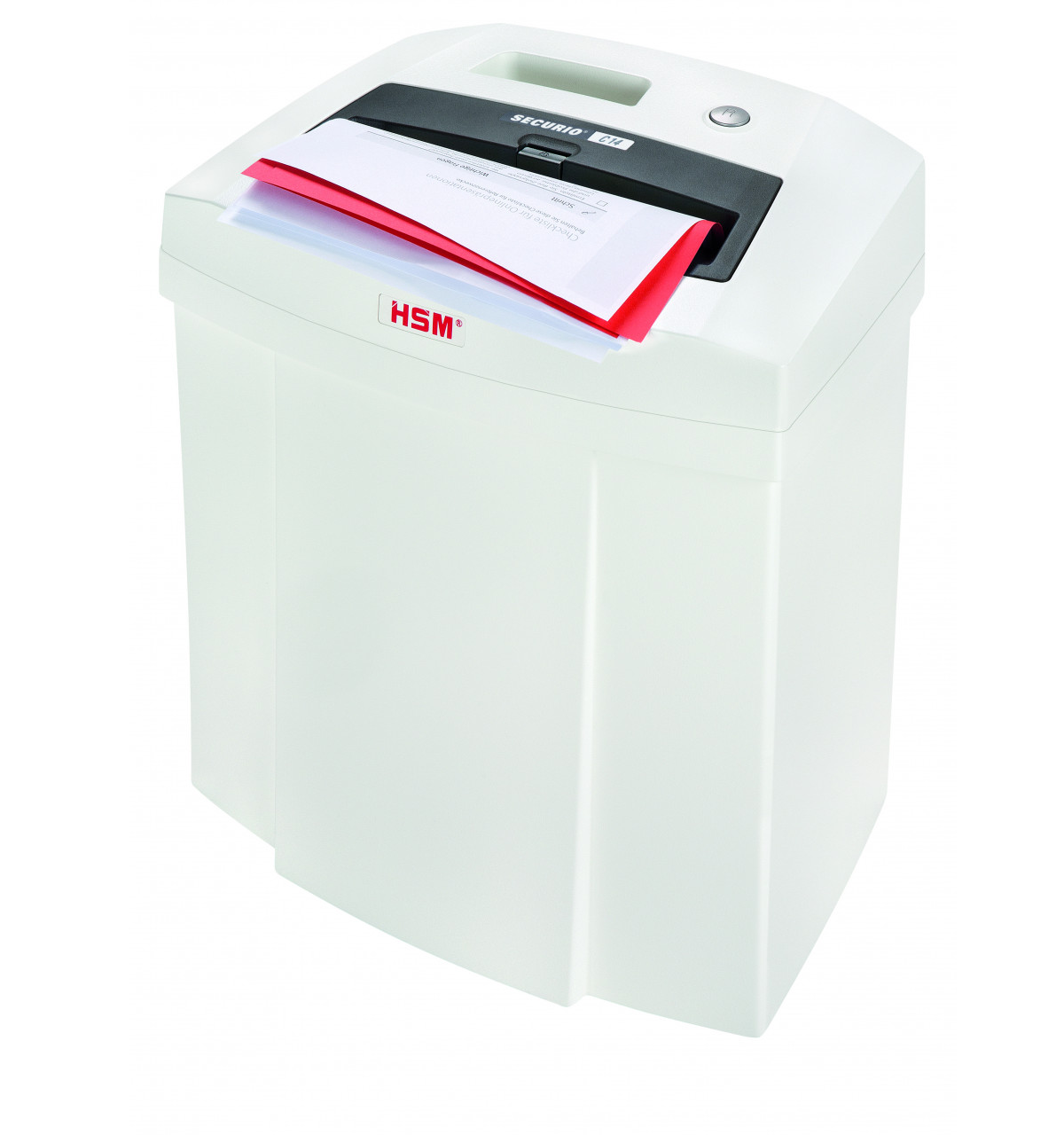 Biała niszczarka papieru z czerwonymi i różowymi kartkami wkładanymi do niej.