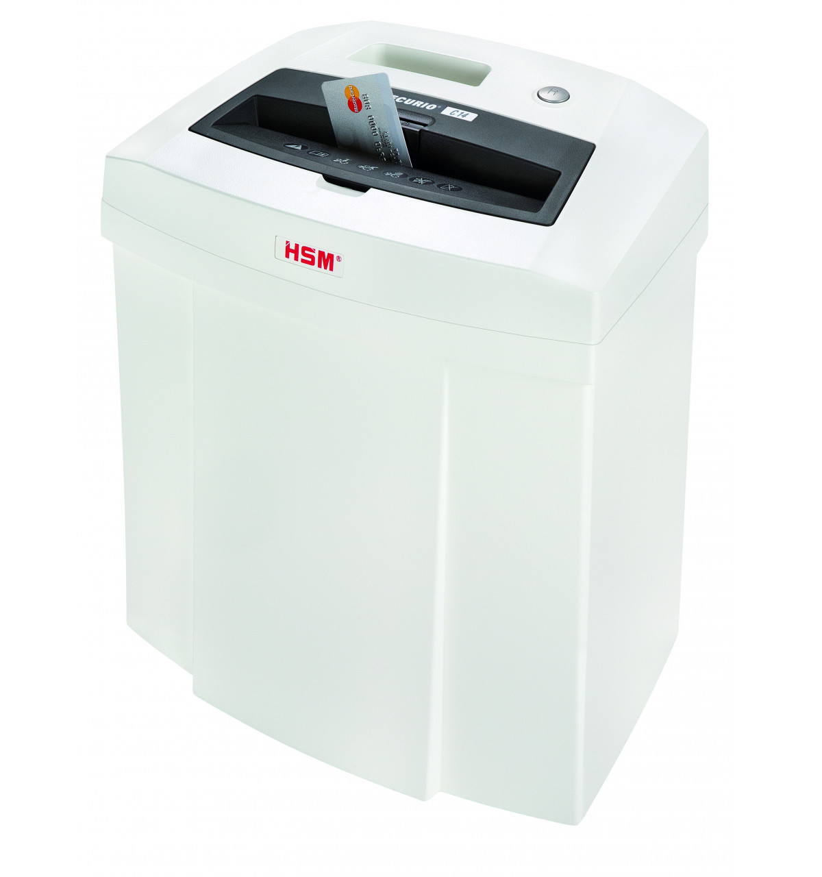 Biała niszczarka papieru z kartą kredytową w szczelinie.