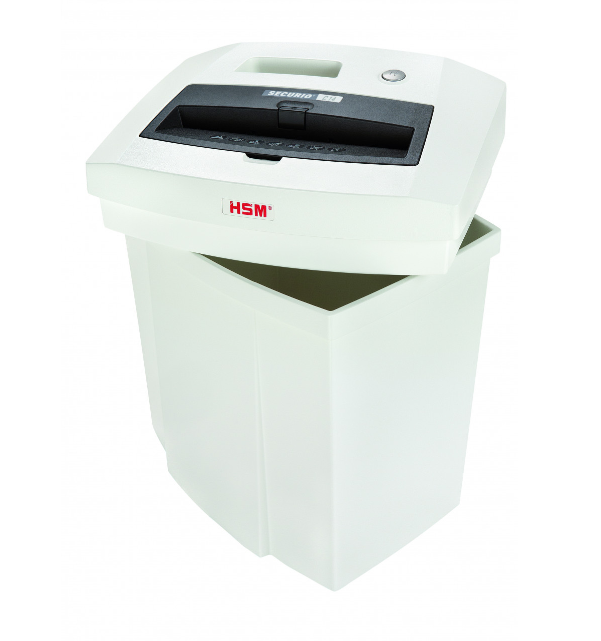 Biała niszczarka do papieru z czarnym panelem sterowania na górze. Pojemnik jest widoczny poniżej.