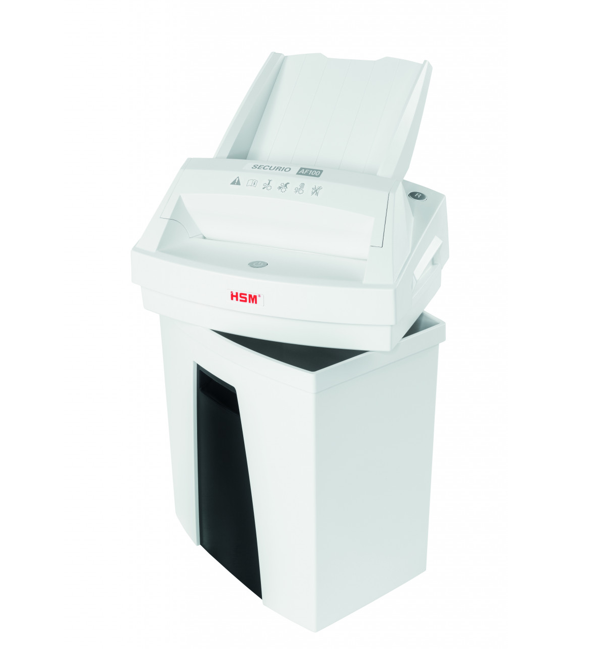 Biała niszczarka do papieru z czarnym koszem pod spodem.