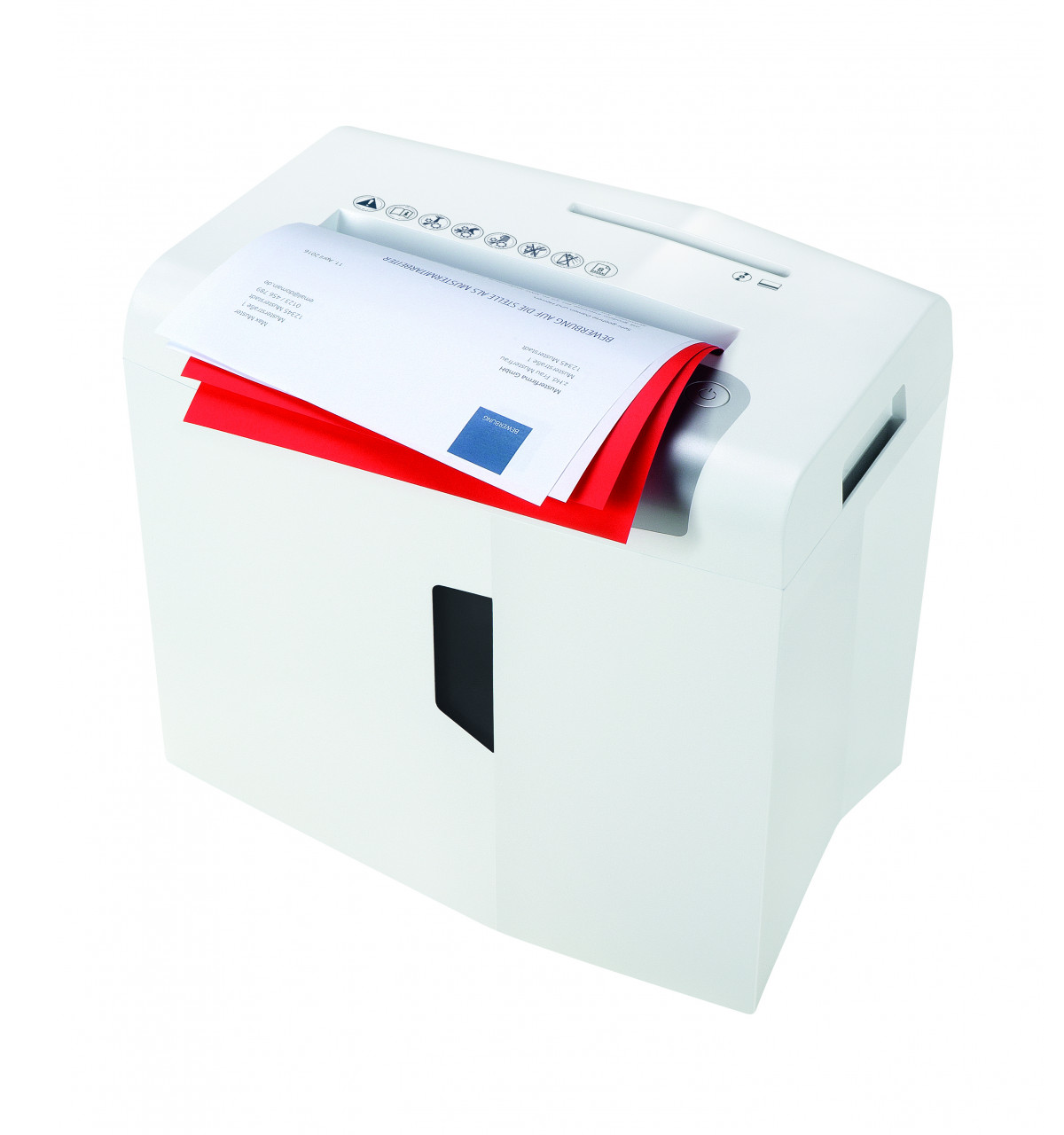 Biała niszczarka do papieru z czerwoną kartką w środku. Papier jest niszczony.