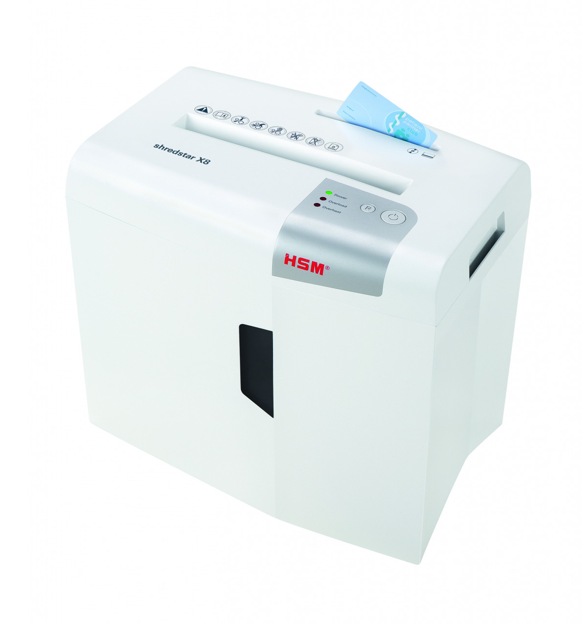 Biała niszczarka do papieru ze szczeliną na papier. Widoczny tekst i przyciski. Białe tło.