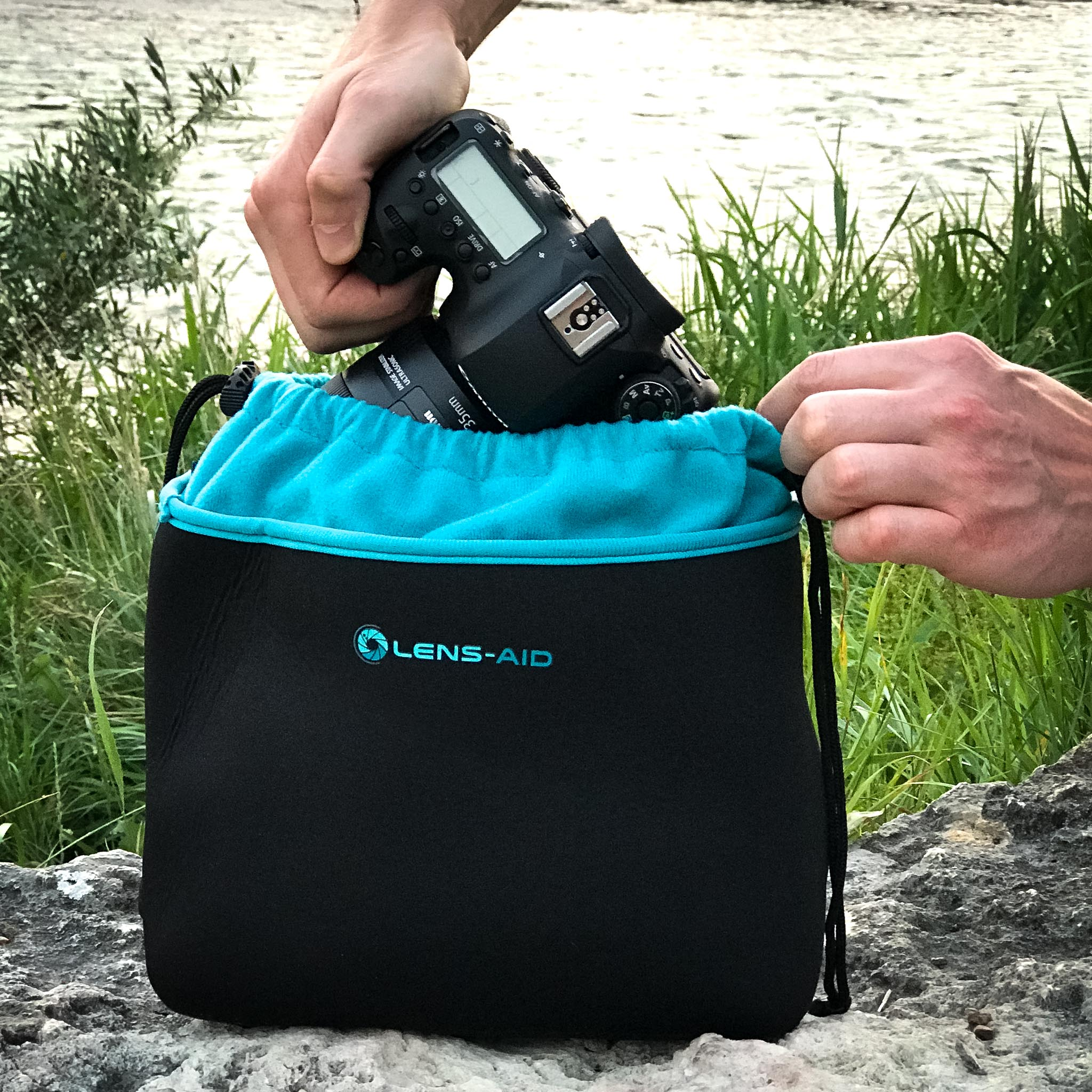 Kameratasche mit Neopren Fleece-Fütterung, Schwarz/Blau Kameraschutz, LENS-AID