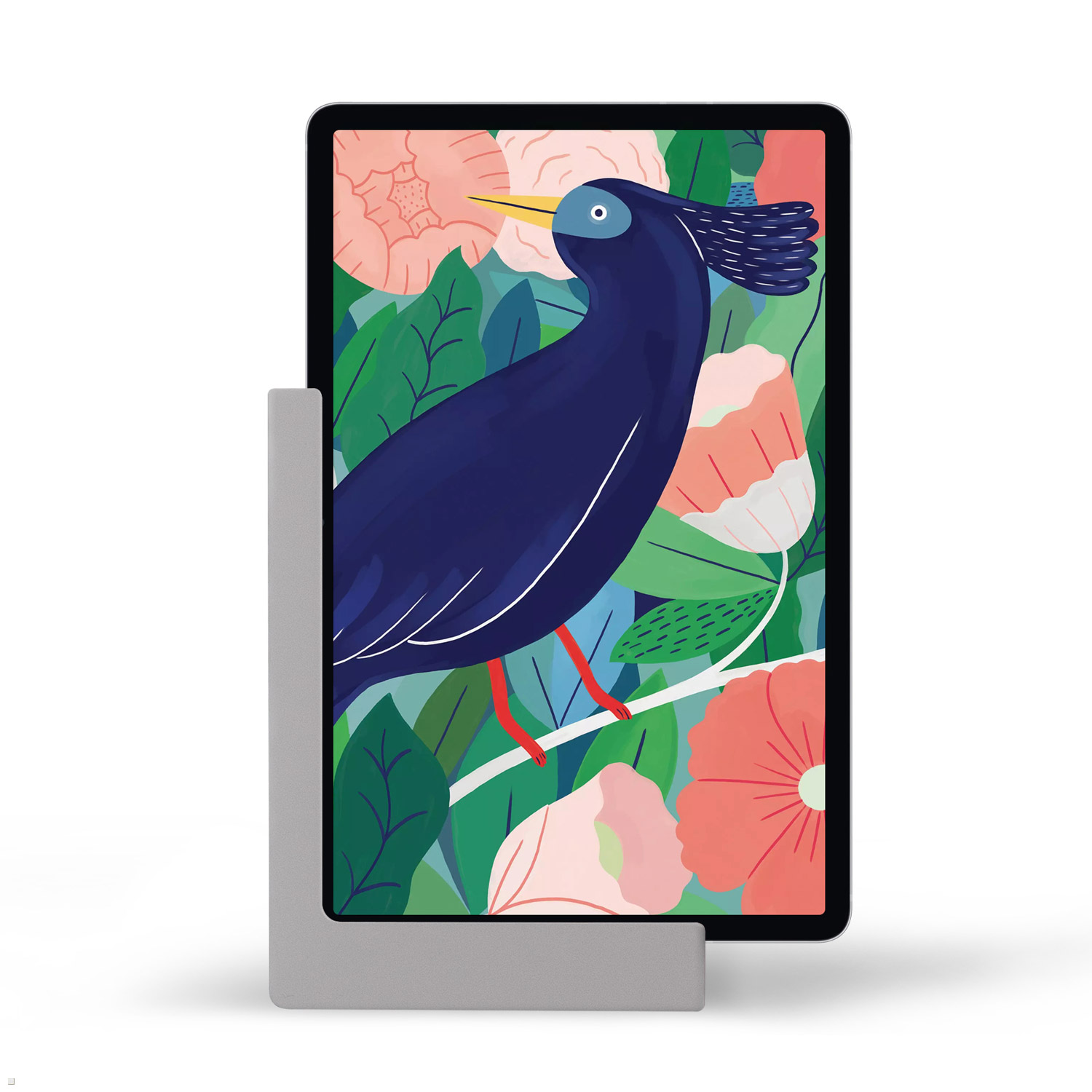Tablet auf Ständer. Vogel-Illustration auf dem Bildschirm. Blumiger Hintergrund, weißer Rahmen.