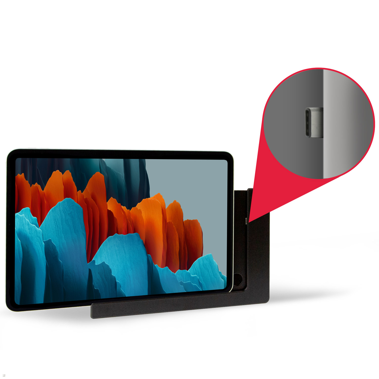 Ein Tablet in einem schwarzen Ständer, das ein Landschaftsbild zeigt.