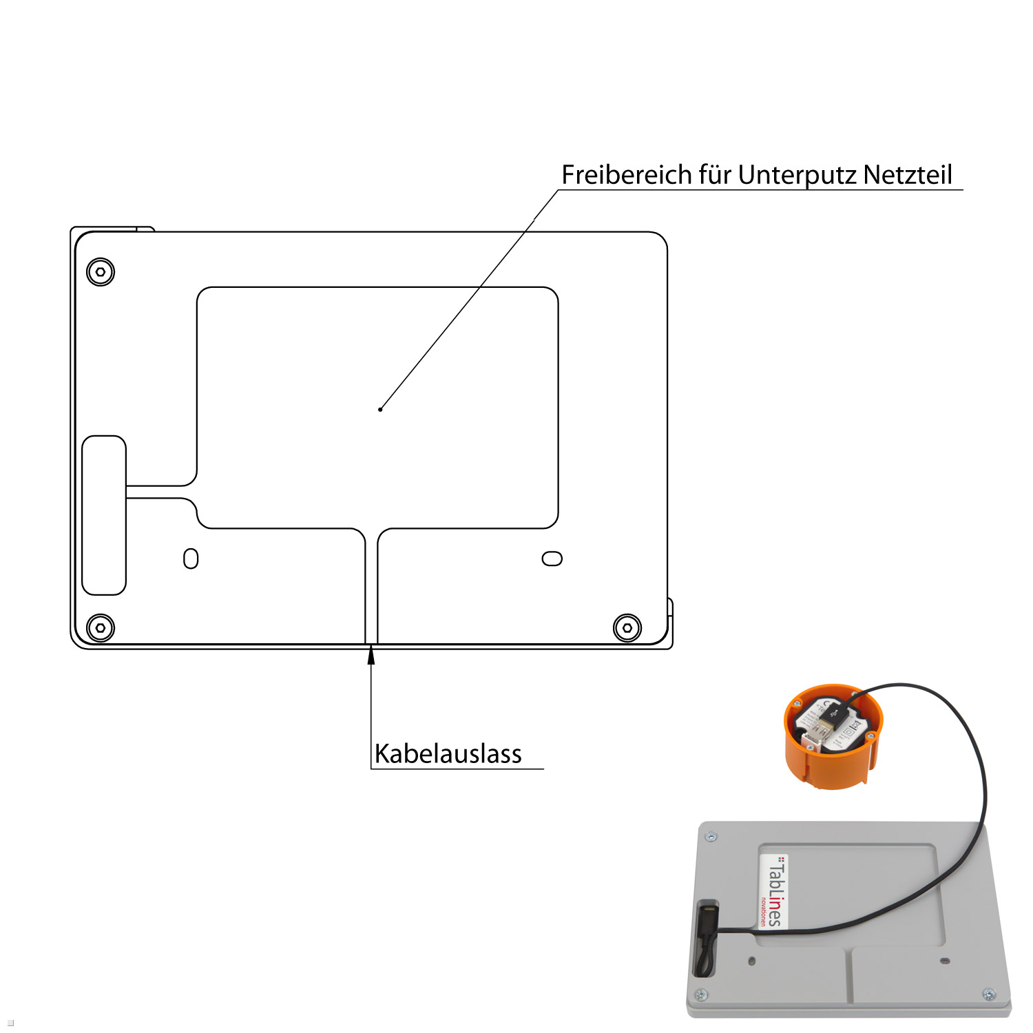Technische Zeichnung eines quadratischen elektronischen Geräts mit Beschriftungen.