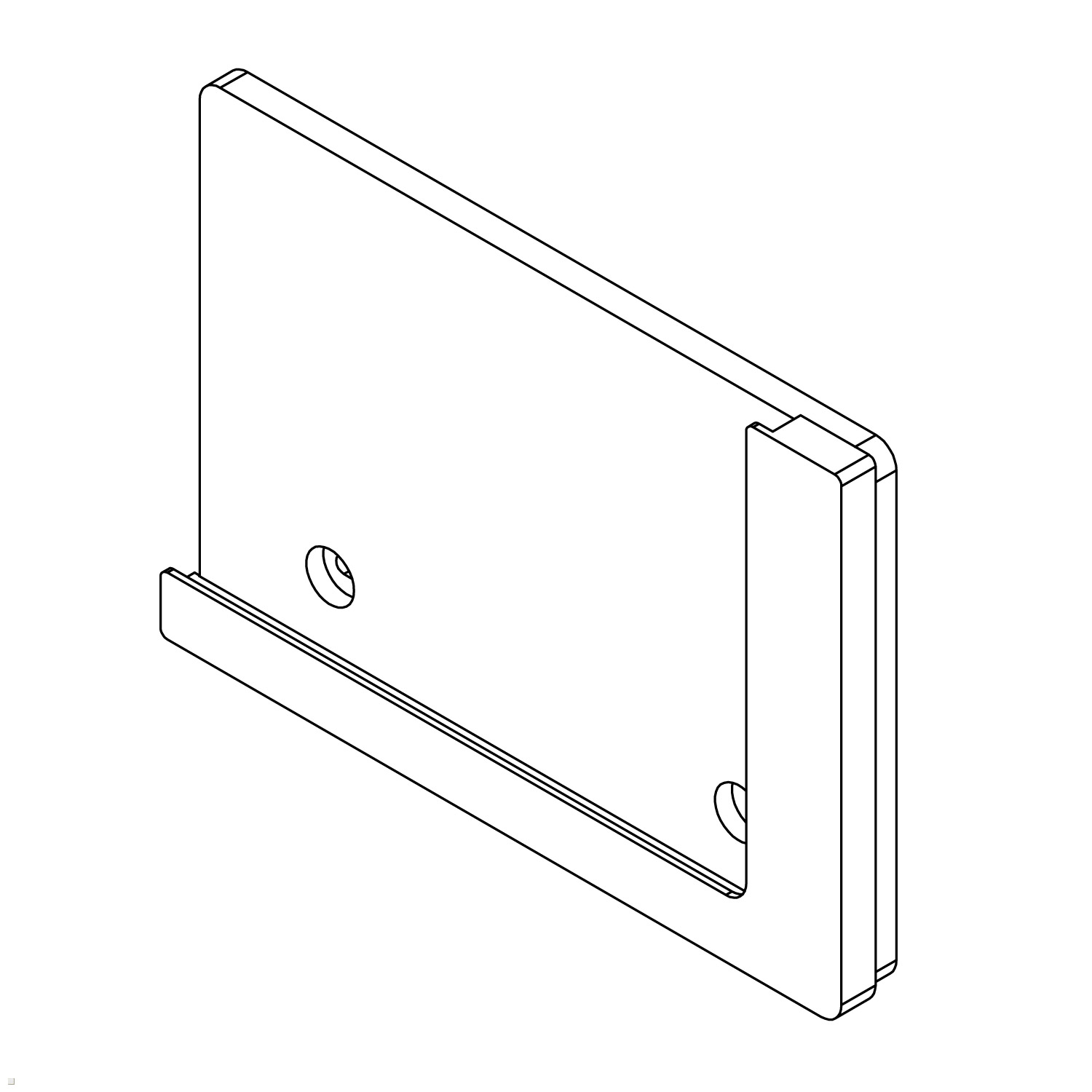 Eine Strichzeichnung eines modernen, L-förmigen Regals, das aus einer einzigen Ebene besteht.