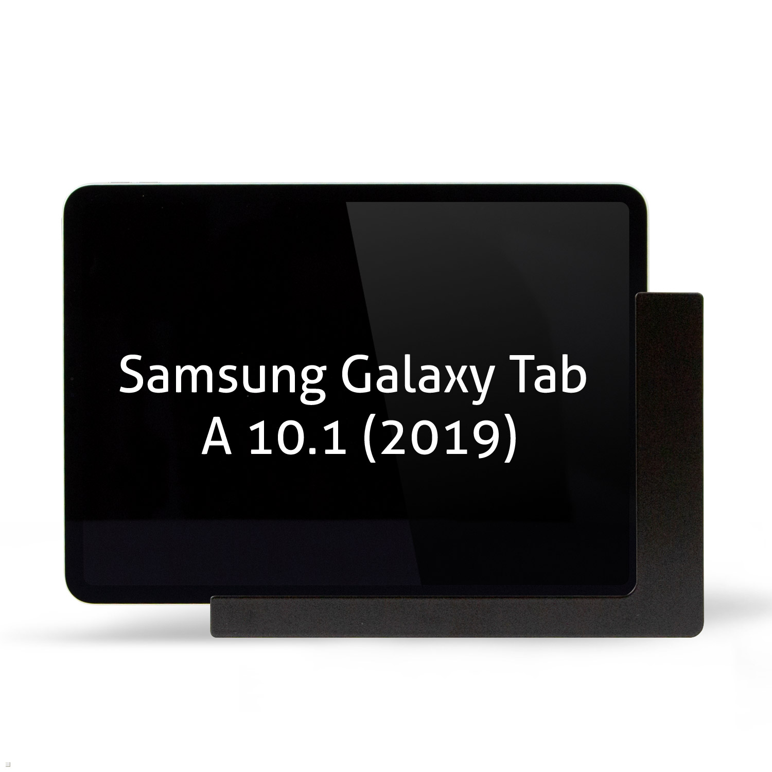 Schwarzes Tablet mit Text: Samsung Galaxy Tab A 10.1 (2019). Schwarzer Ständer auf weißem Grund.